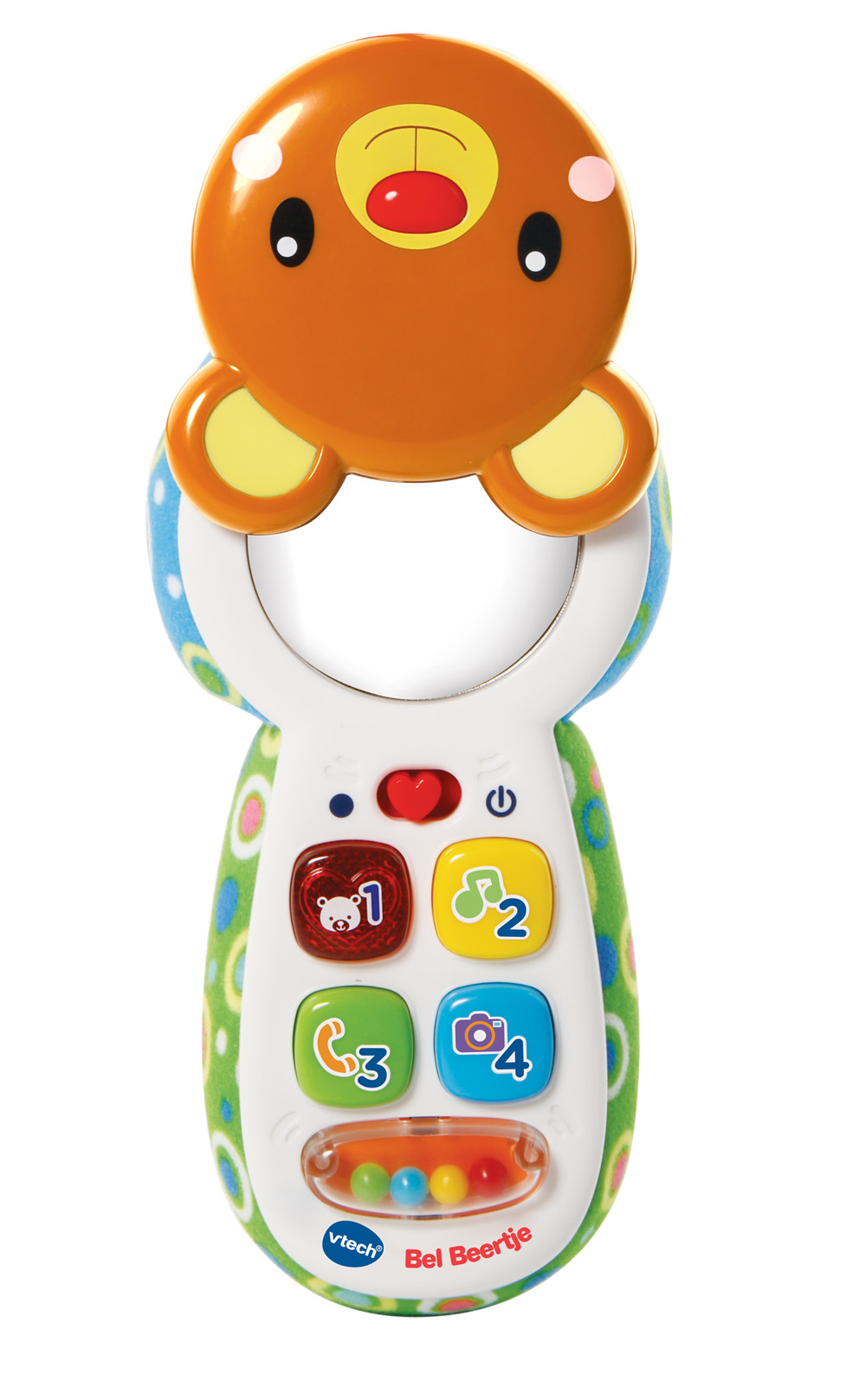 Ein buntes Spielzeugtelefon mit Knöpfen und einem Bärengesicht, vor weißem Hintergrund.