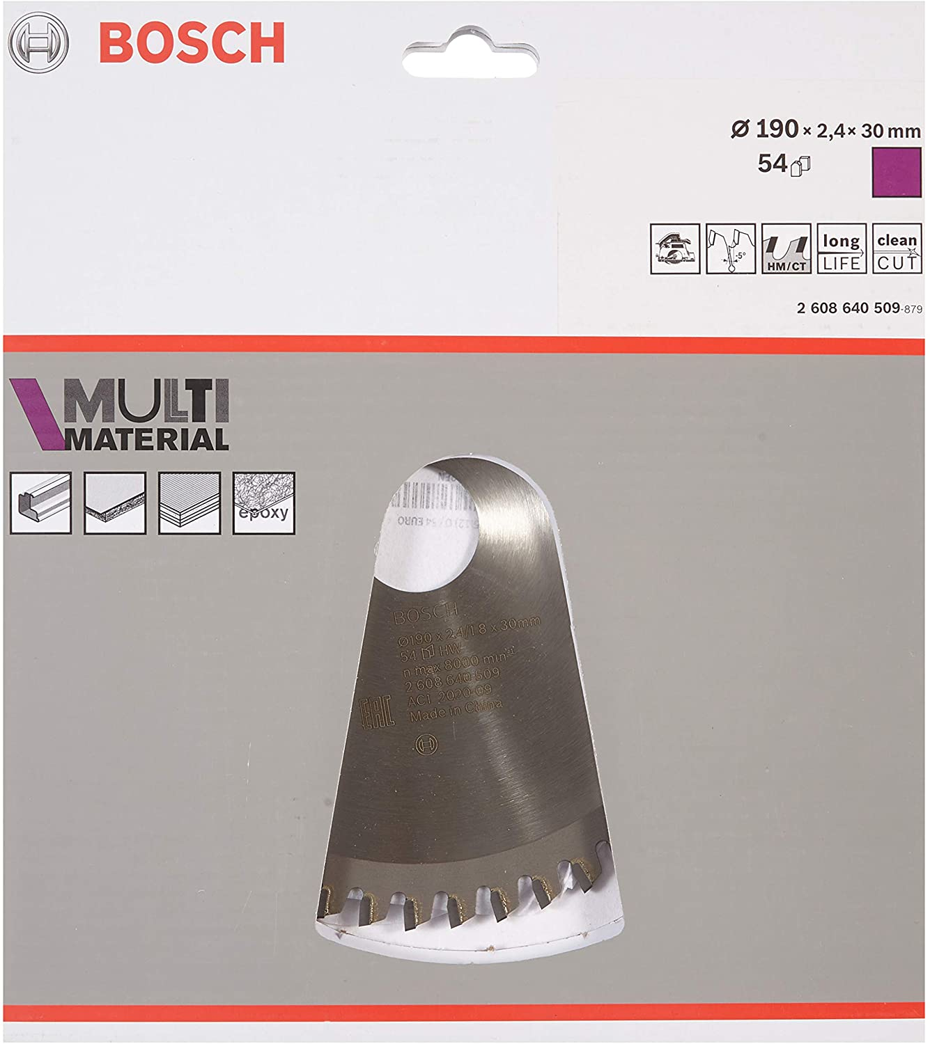 Bosch Sägeblatt in Verpackung. Klinge silber, Verpackung lila und weiß.