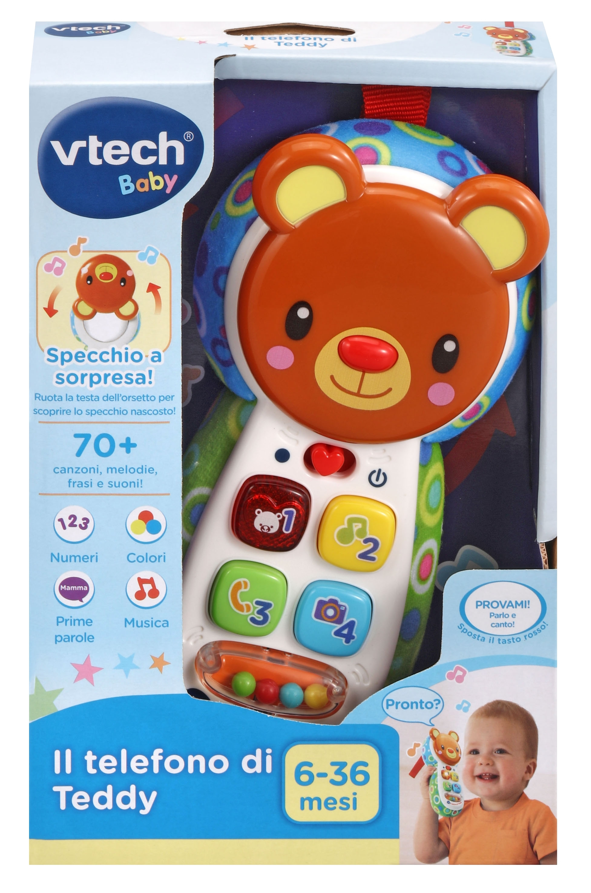 Ein Spielzeugtelefon in einer Schachtel. Teddybär-Design mit Knöpfen und ein kleiner Junge in der Ecke.