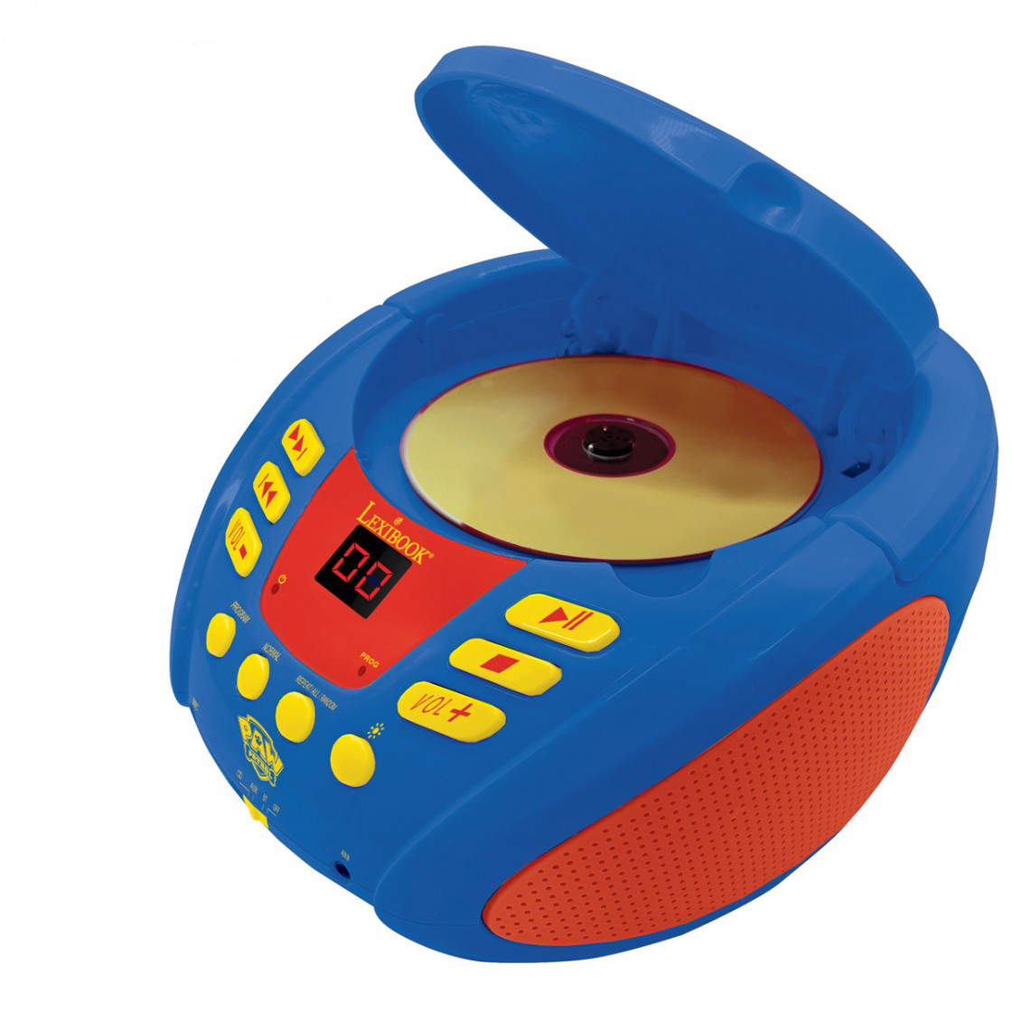 Niebiesko-pomarańczowy odtwarzacz CD Lexibook, otwarty, ze złotą płytą CD w środku. Żółte przyciski, czerwony wyświetlacz.
