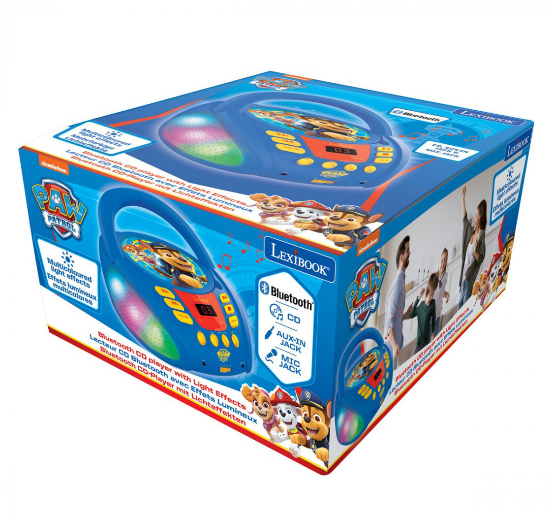 Niebieski odtwarzacz CD Paw Patrol z światłami, pudełko, postacie z kreskówek.