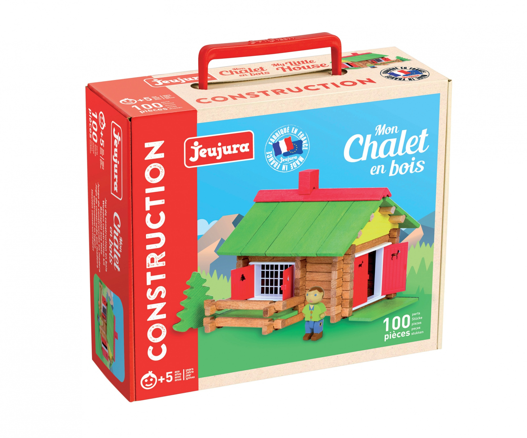 Eine Konstruktionsspielzeugbox mit einem Holzhaus und einer Person davor.