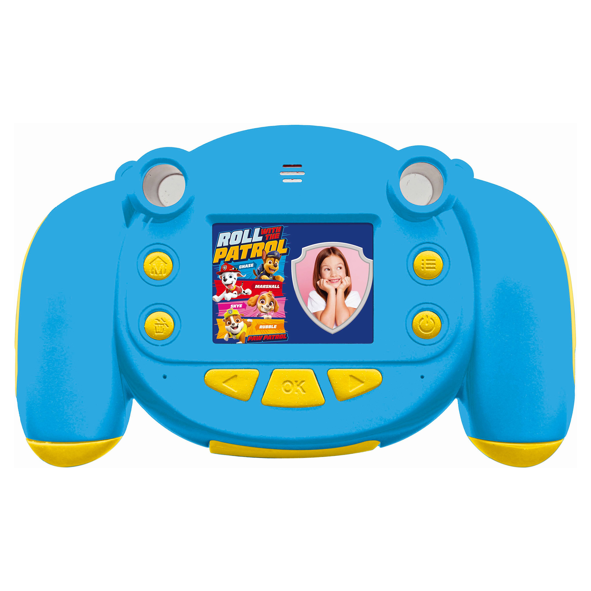 Niebieski aparat zabawka Psi Patrol. Ma ekran, który pokazuje dziewczynkę i postacie z kreskówek.