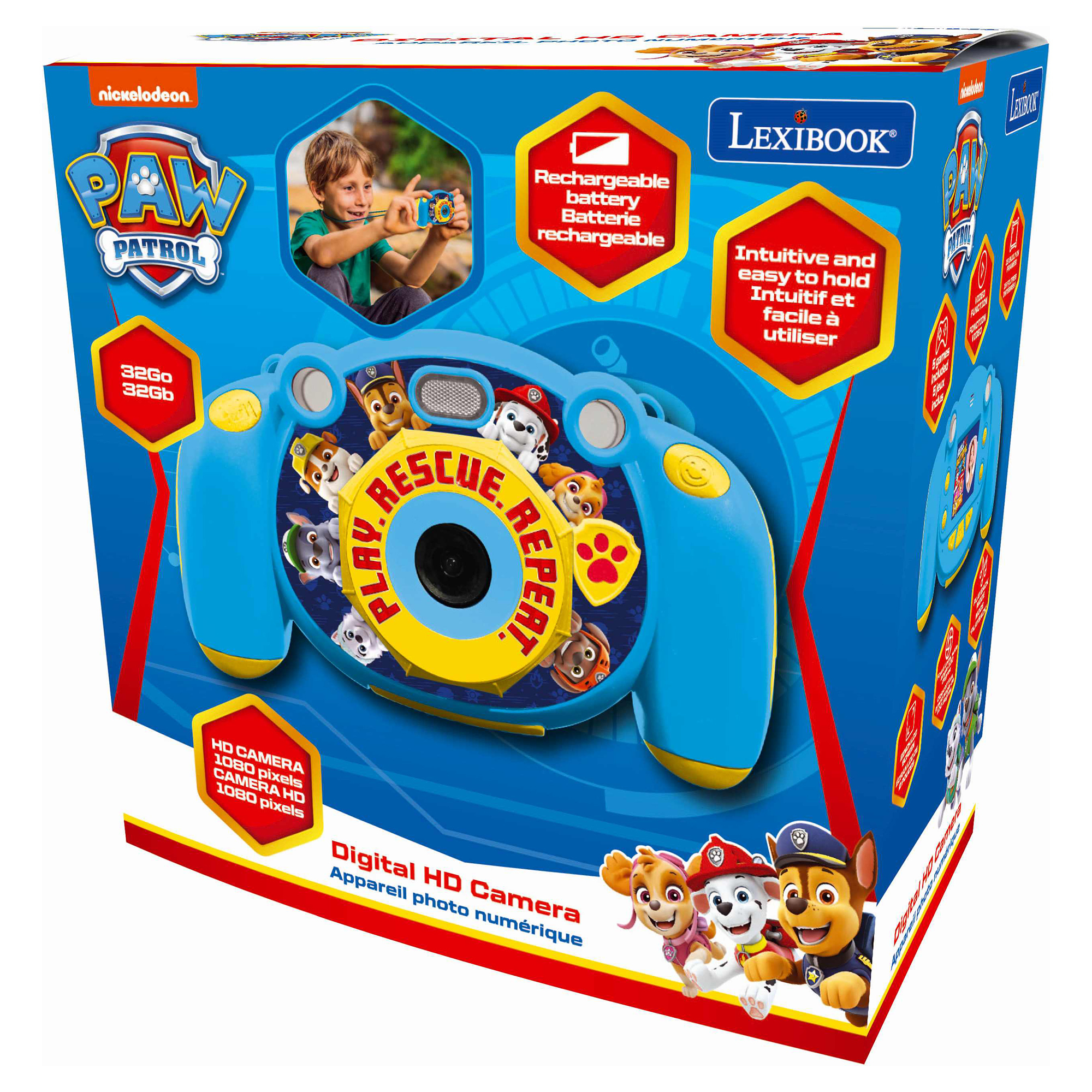 Aparat dla dzieci PAW Patrol w pudełku, niebiesko-żółty, z postaciami z kreskówek.