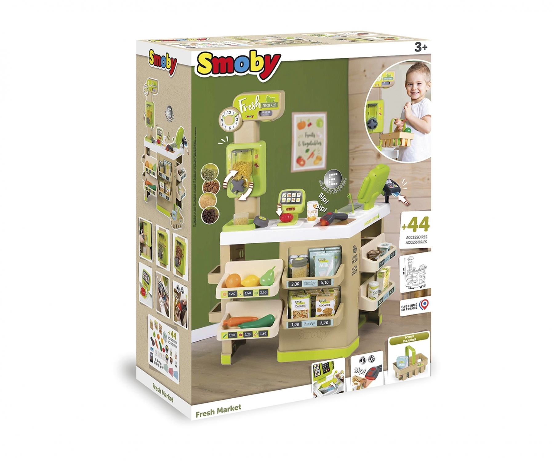 Zestaw zabawek z owocami, warzywami i kasą fiskalną. W pudełku, ze zdjęciem dziecka.