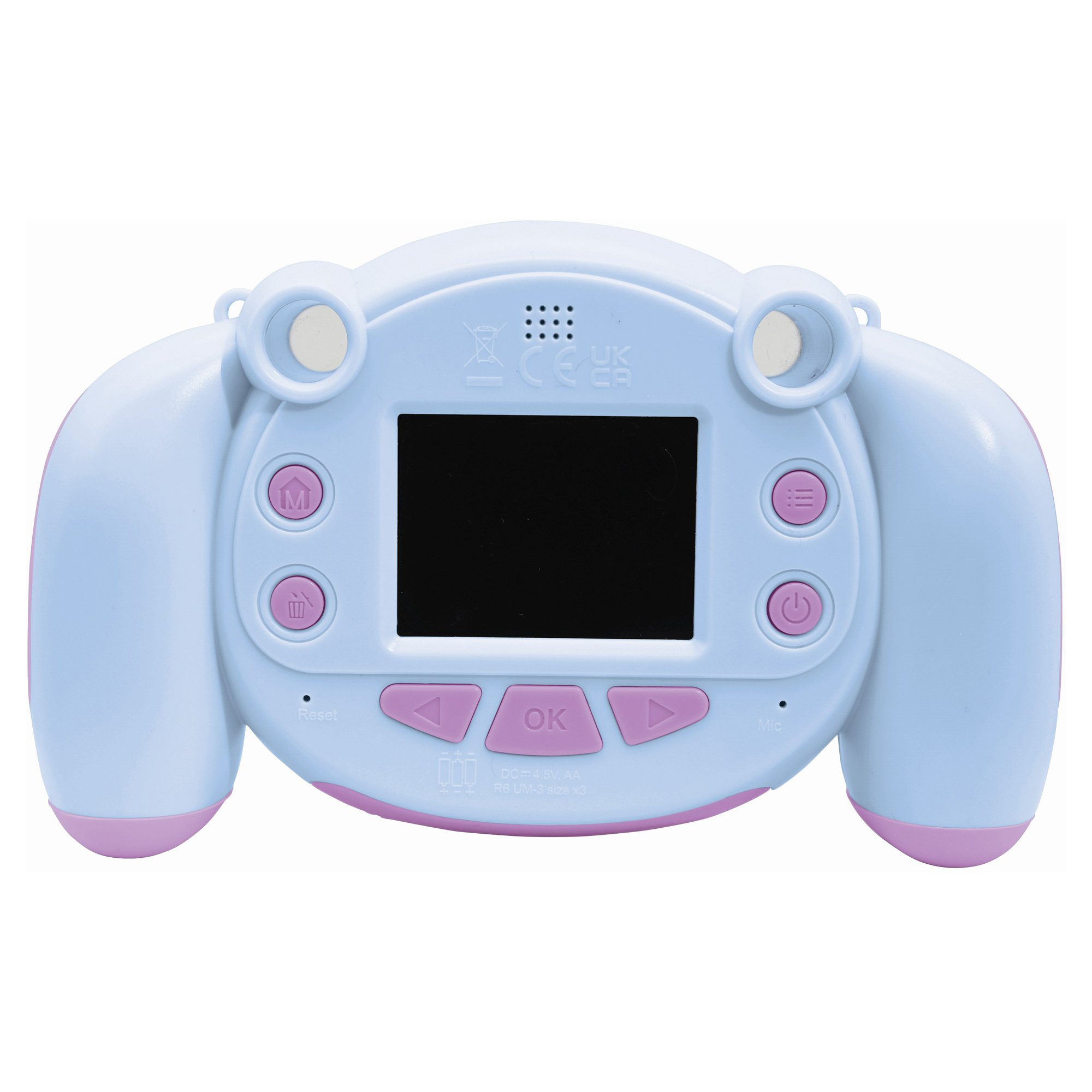 Niebieski aparat dla dzieci z różowymi akcentami, z ekranem i kilkoma przyciskami.