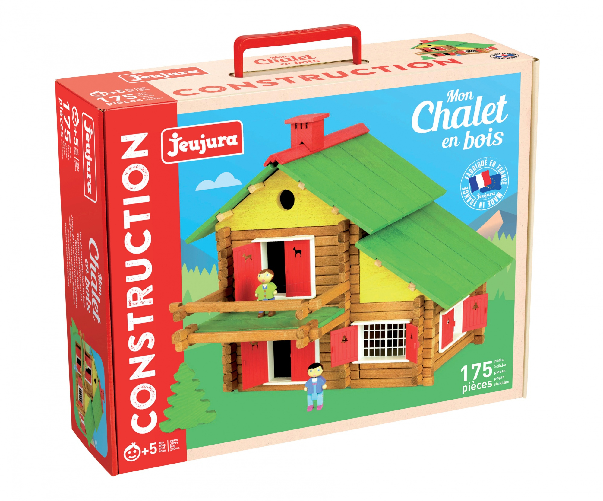 Zestaw do budowy drewnianego domku w pudełku, z domem złożonym na wierzchu.