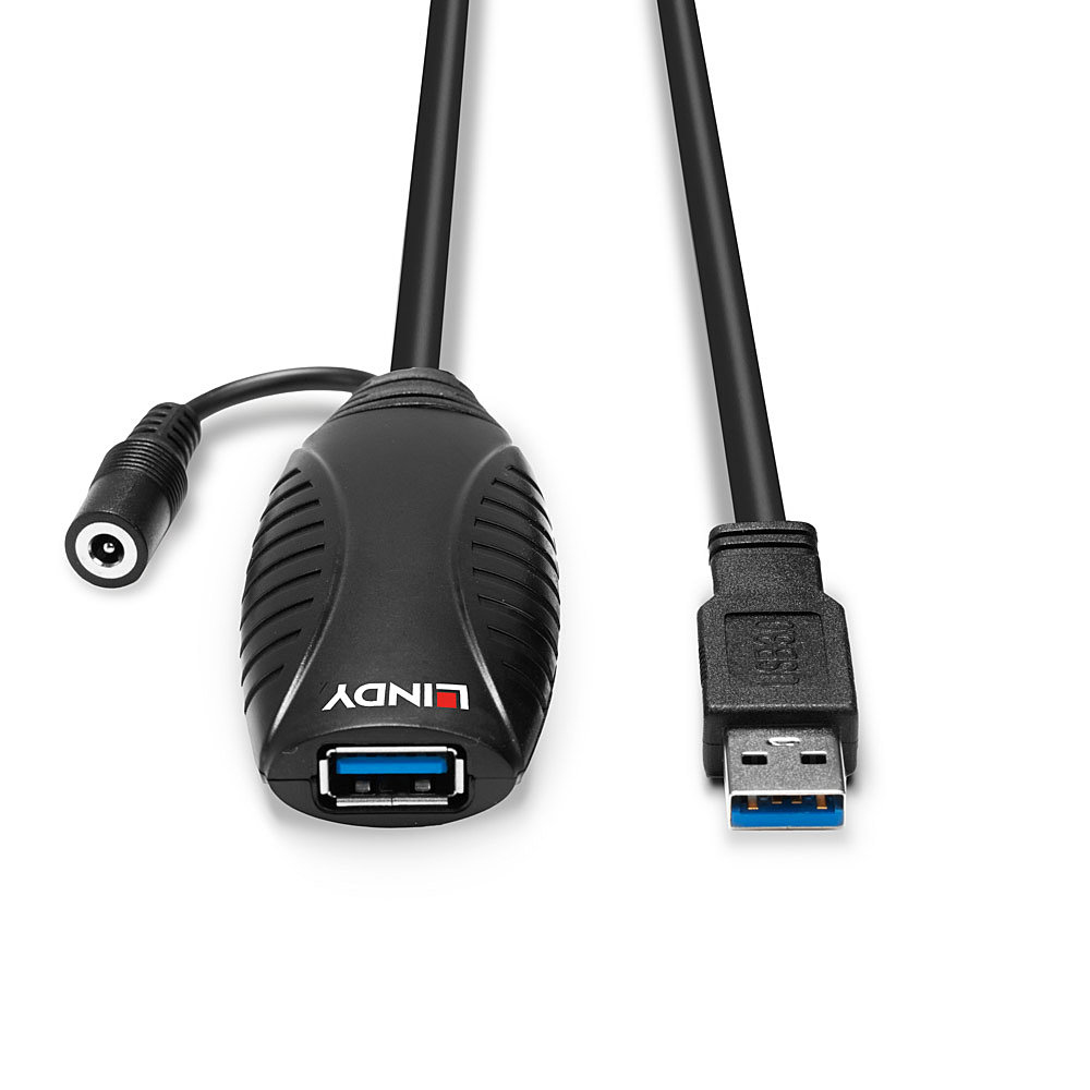 Cable de extensión USB negro con un puerto USB-A y un conector de alimentación CC.