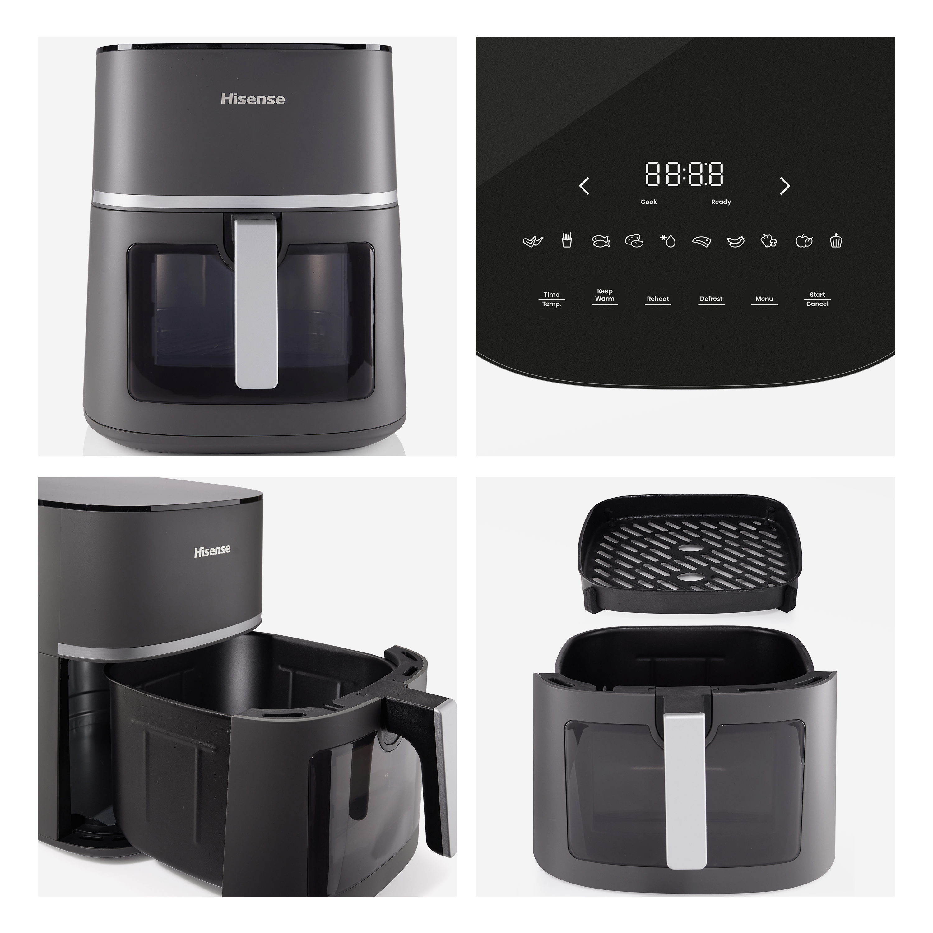 Czarna frytkownica powietrzna ze srebrnym uchwytem. Na górze wyświetlacz cyfrowy. Szuflada jest wyciągnięta.