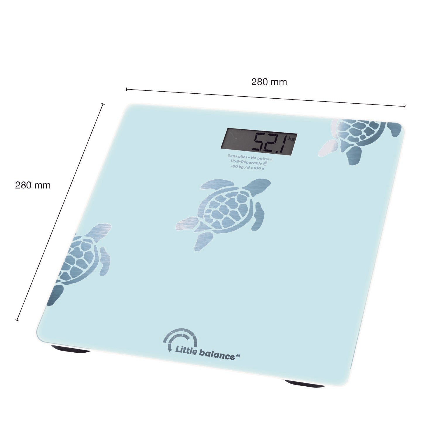 Cyfrowa waga łazienkowa z wagą 52,1. Ma wzory żółwi.