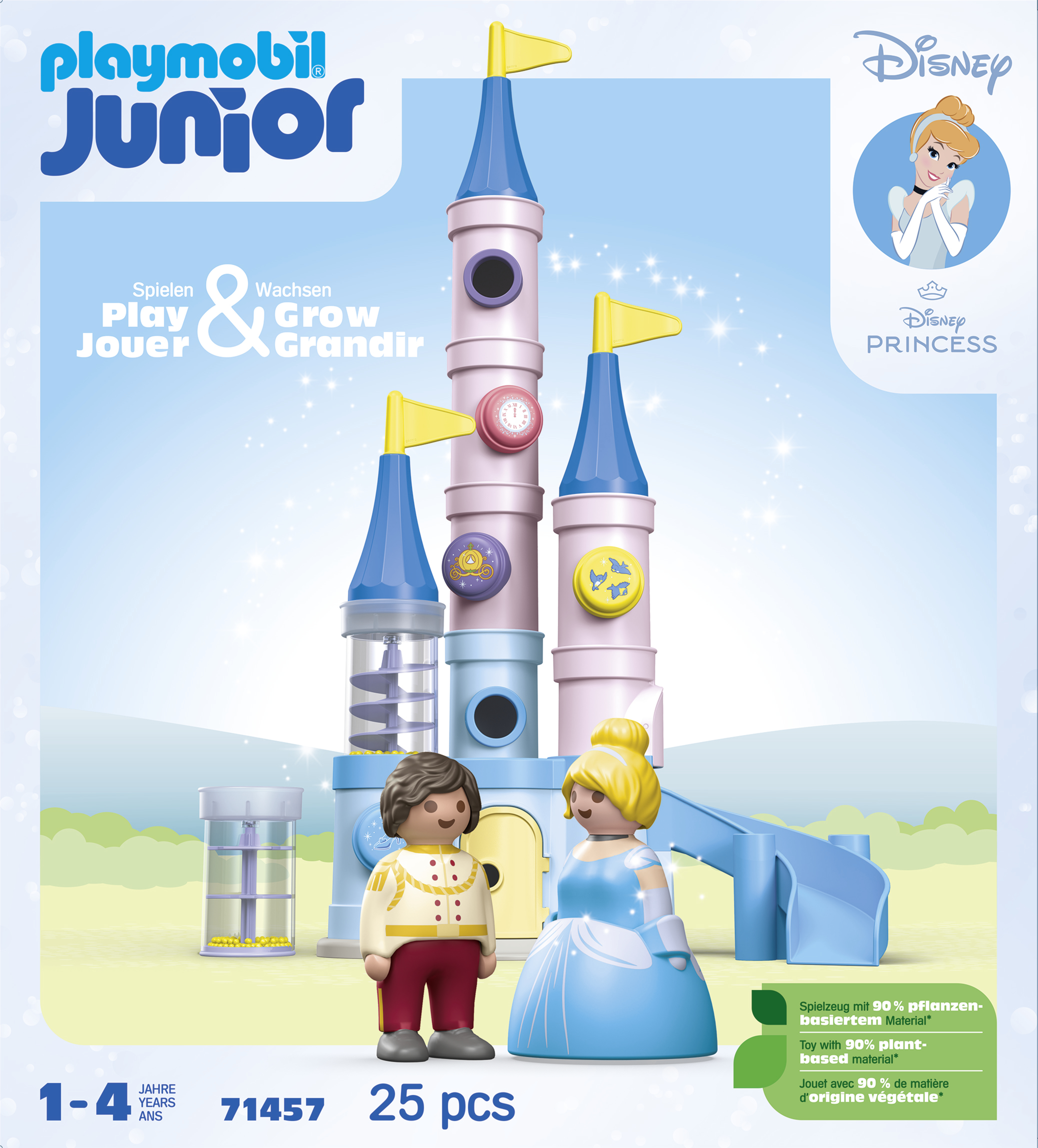 Set castello principessa Playmobil. Include statuine, pezzi del castello e accessori. Sfondo bianco.