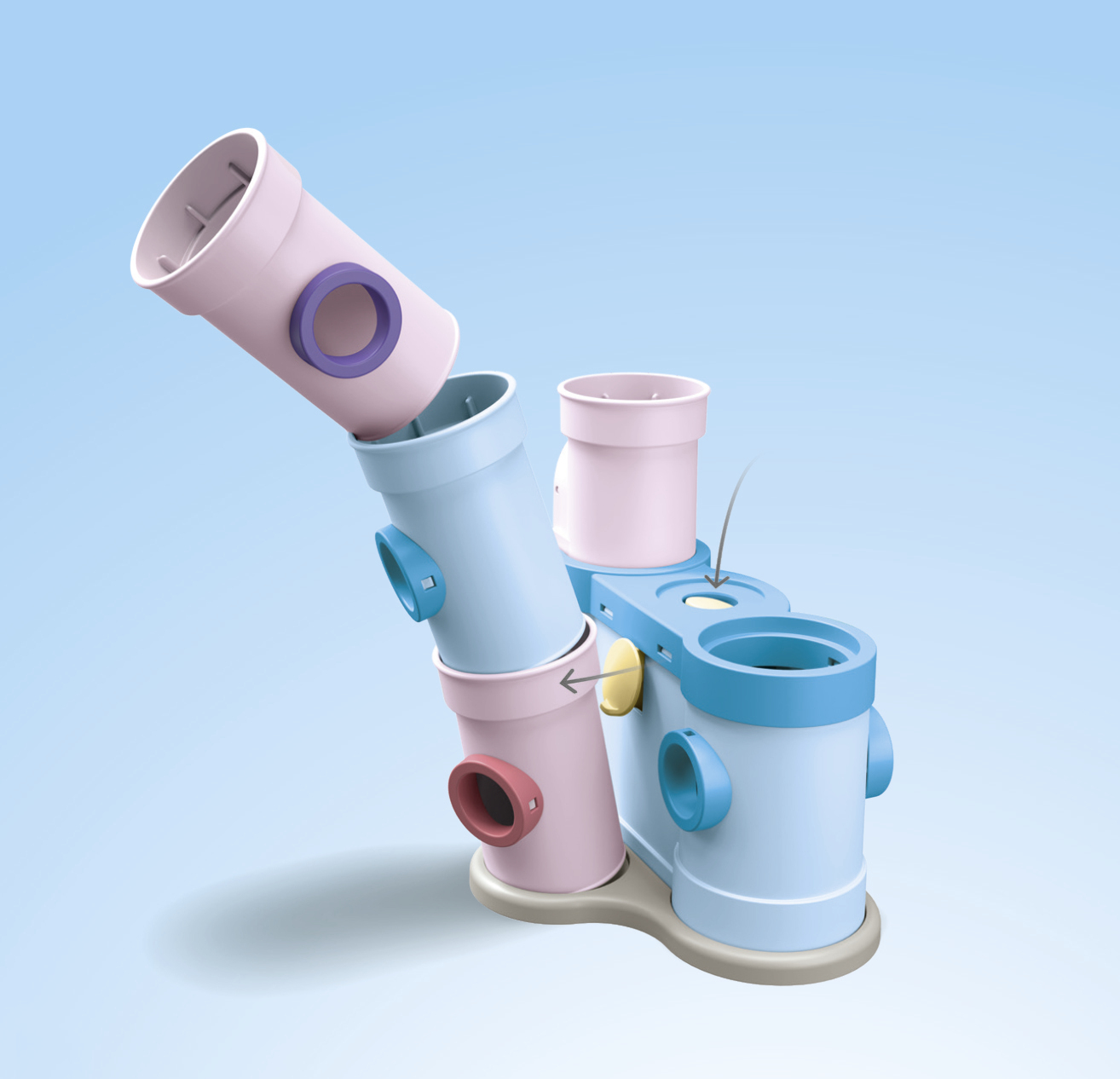 Un giocattolo colorato fatto di tubi interconnessi in tonalità rosa e blu, su uno sfondo azzurro.