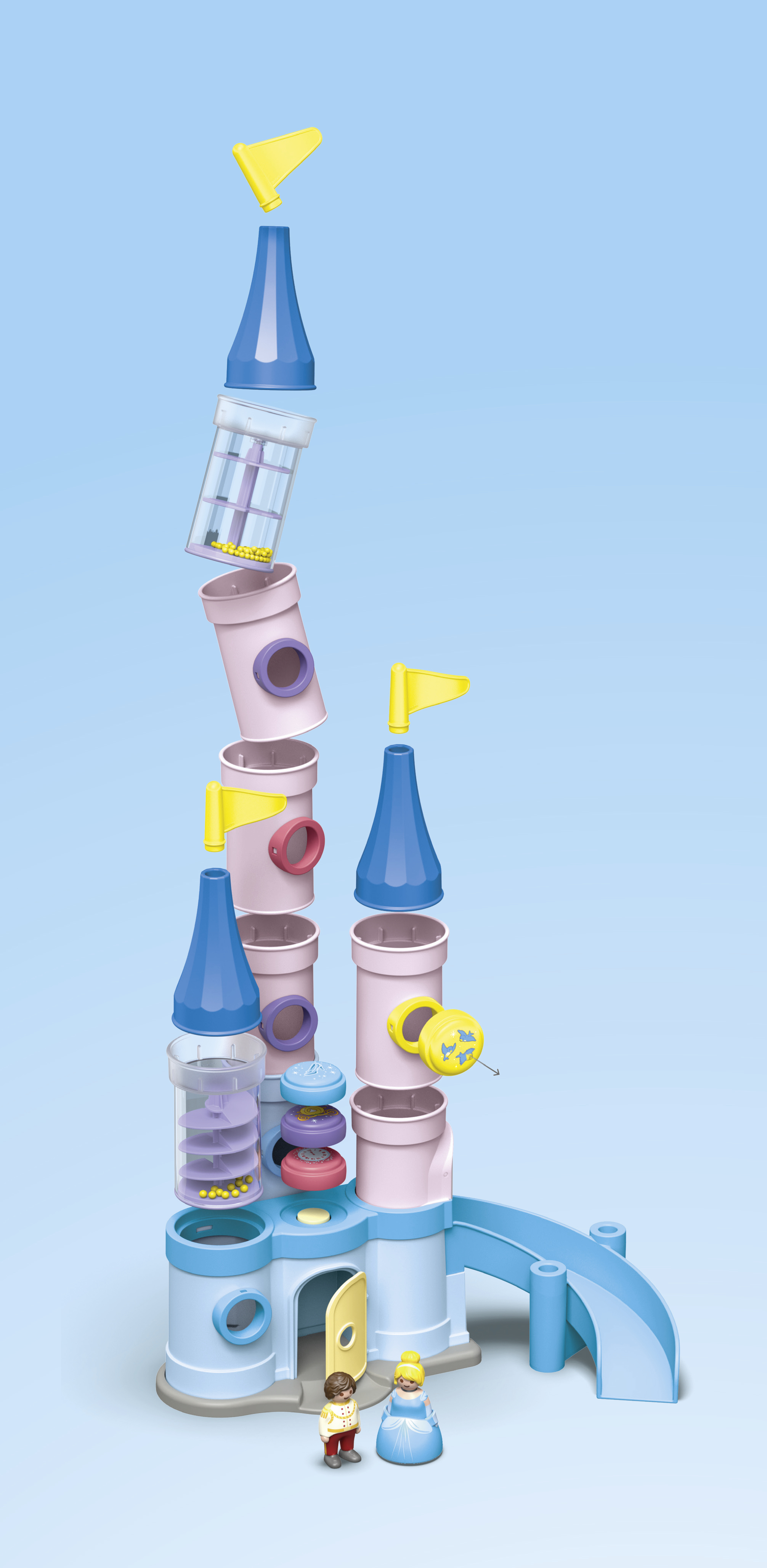 Un castello giocattolo costruito con pezzi colorati, con due figure davanti su sfondo blu.