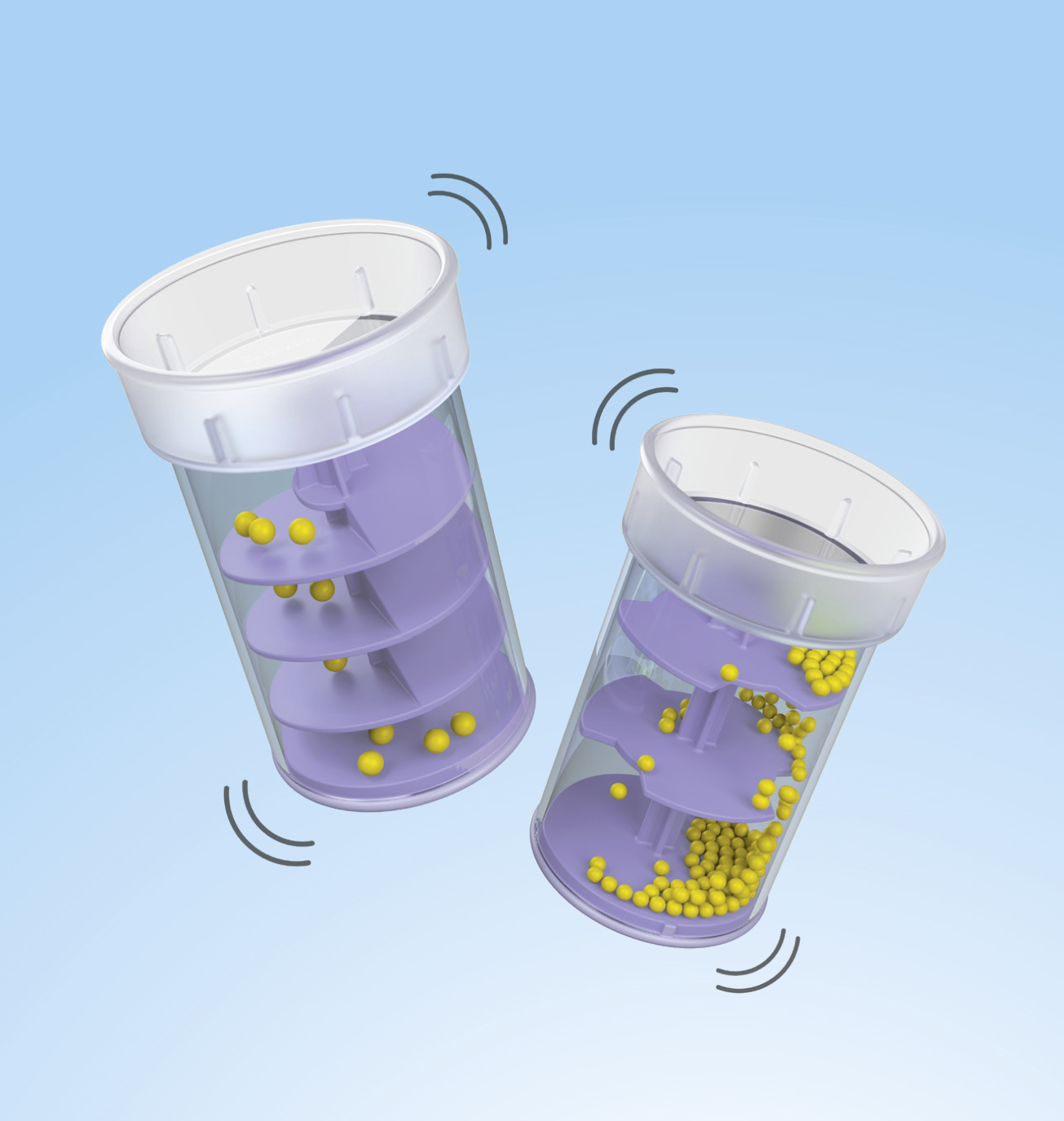 Due contenitori trasparenti con palline gialle e spirali viola all'interno. Vengono mostrate linee di movimento.