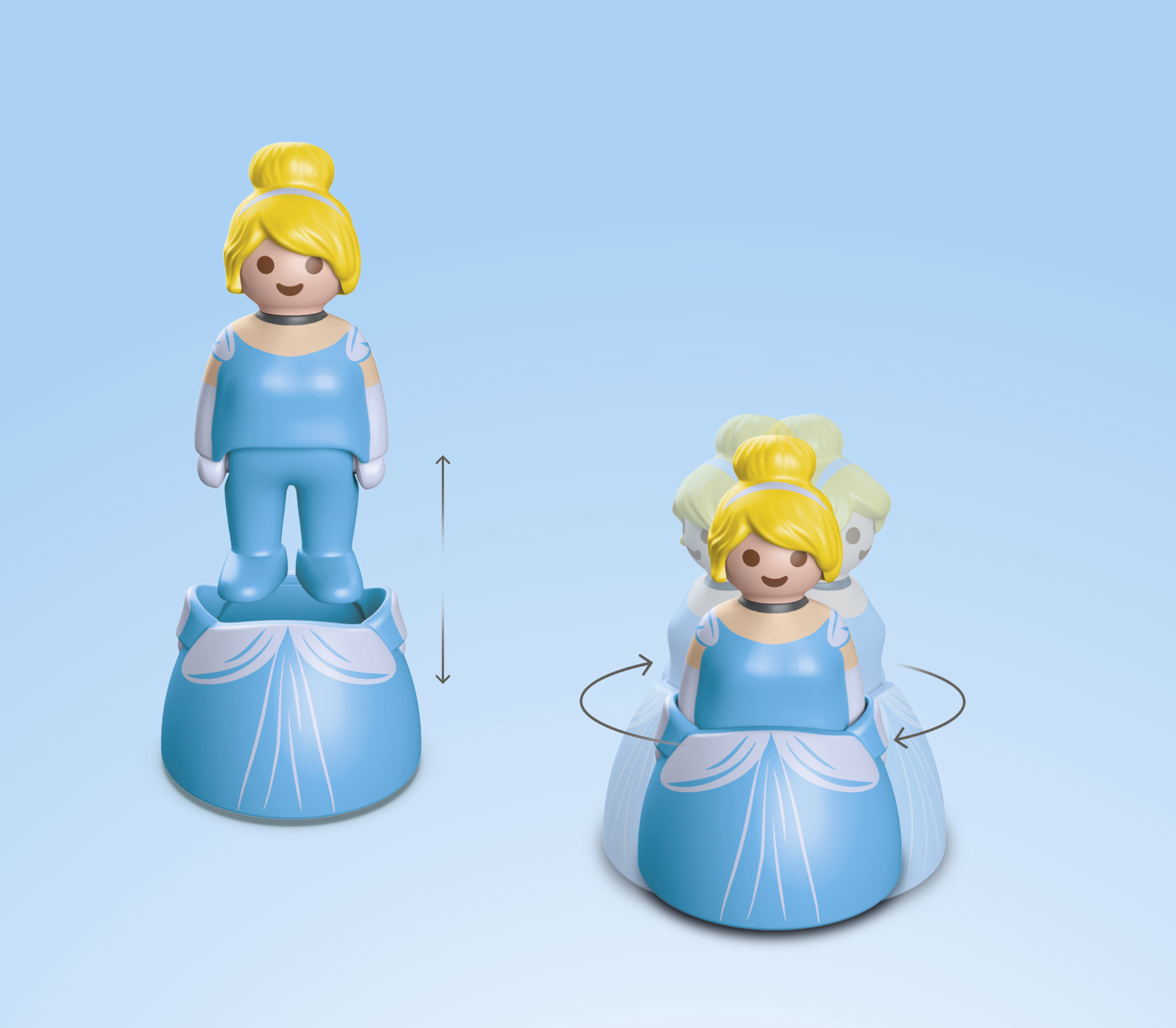 Personaggio Playmobil Cenerentola, che mostra trasformazioni. Una principessa in abito blu, si trasforma nel suo abito da ballo.