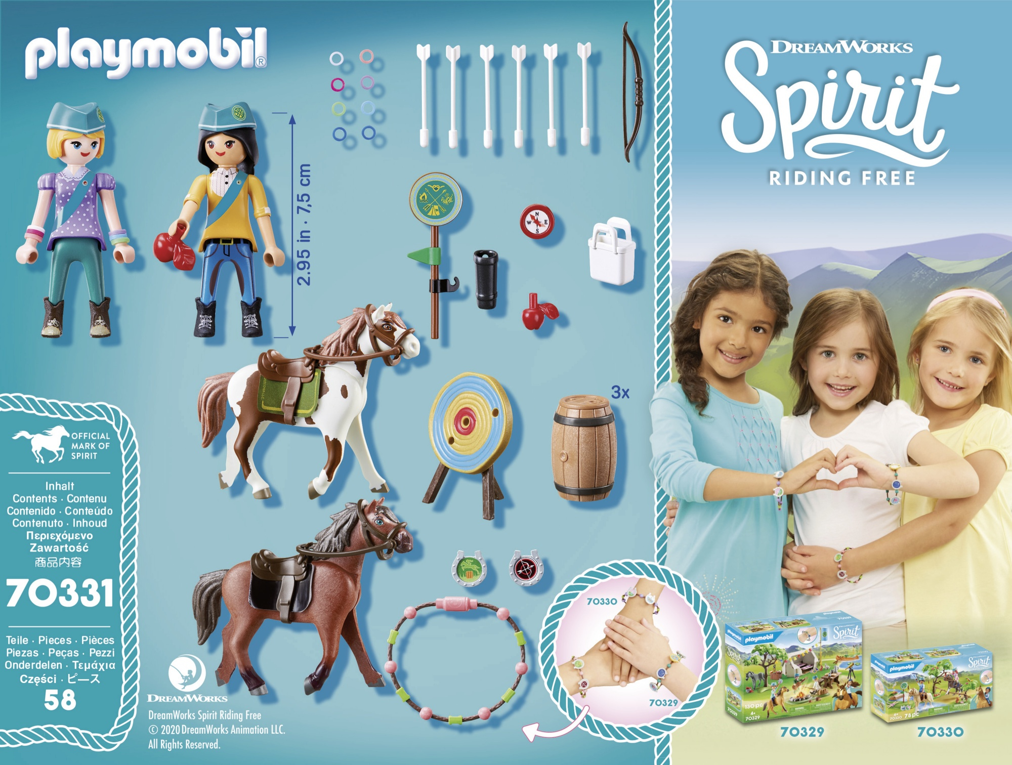 Set Playmobil con personaggi, cavalli, frecce e accessori, con bambini e testo.