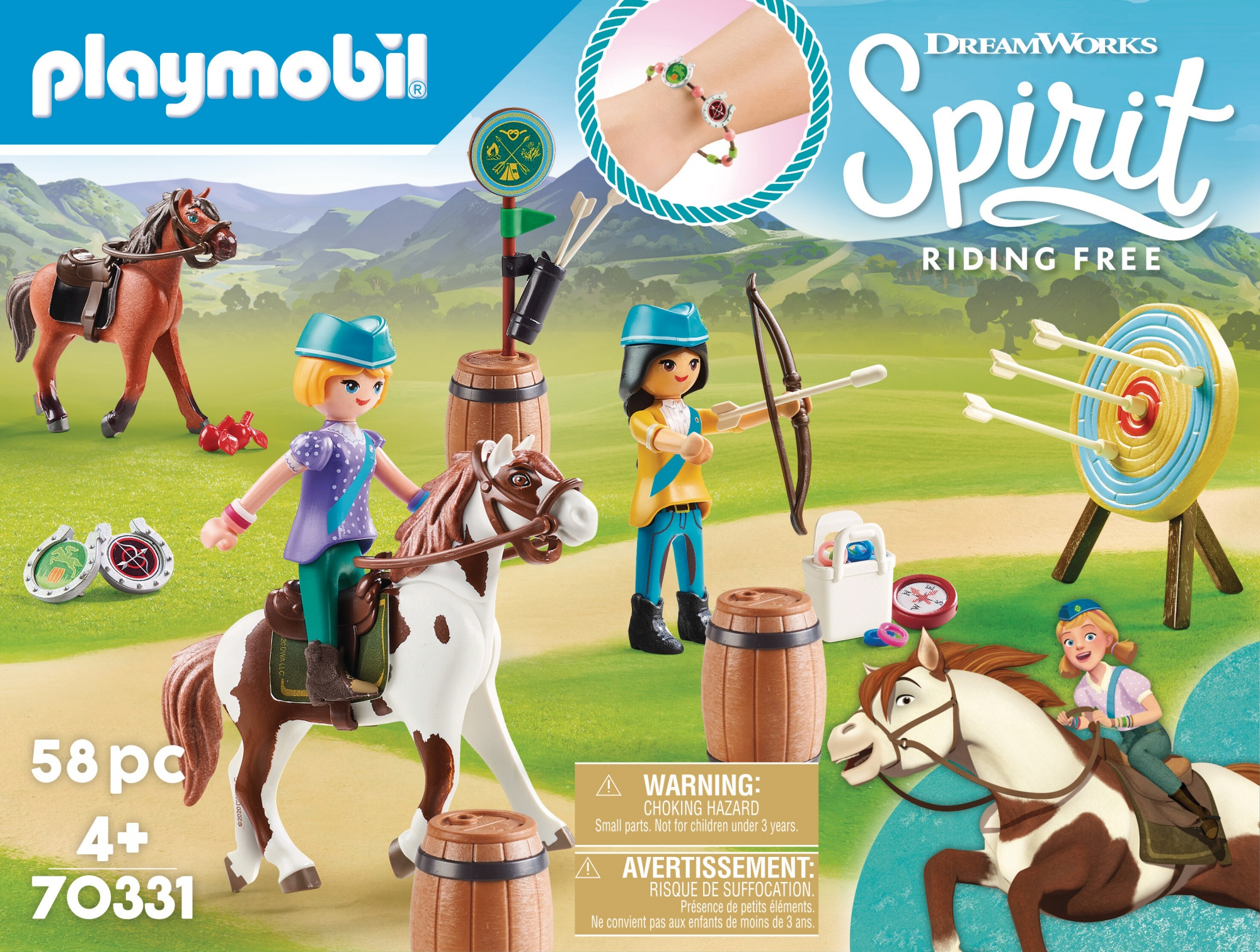 Playmobil Spirit set: figure su cavalli, un bersaglio, barili e accessori. Vivace e colorato.