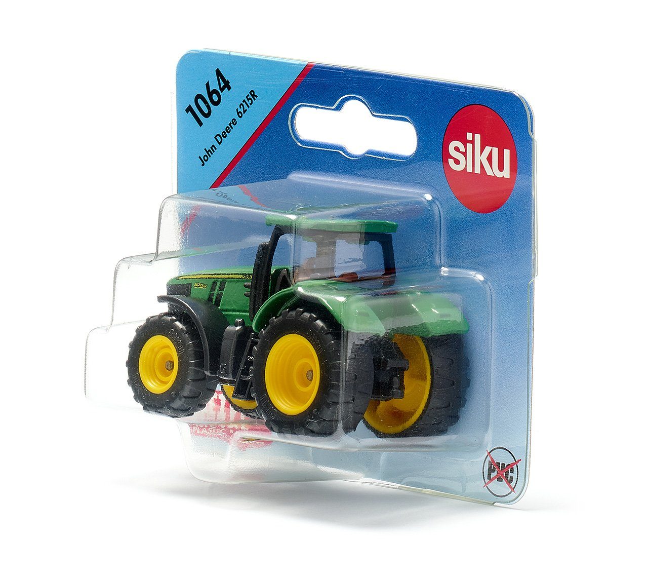 Ein John Deere 6215R Spielzeugtraktor in seiner Verpackung. Die Verpackung ist blau und weiß.