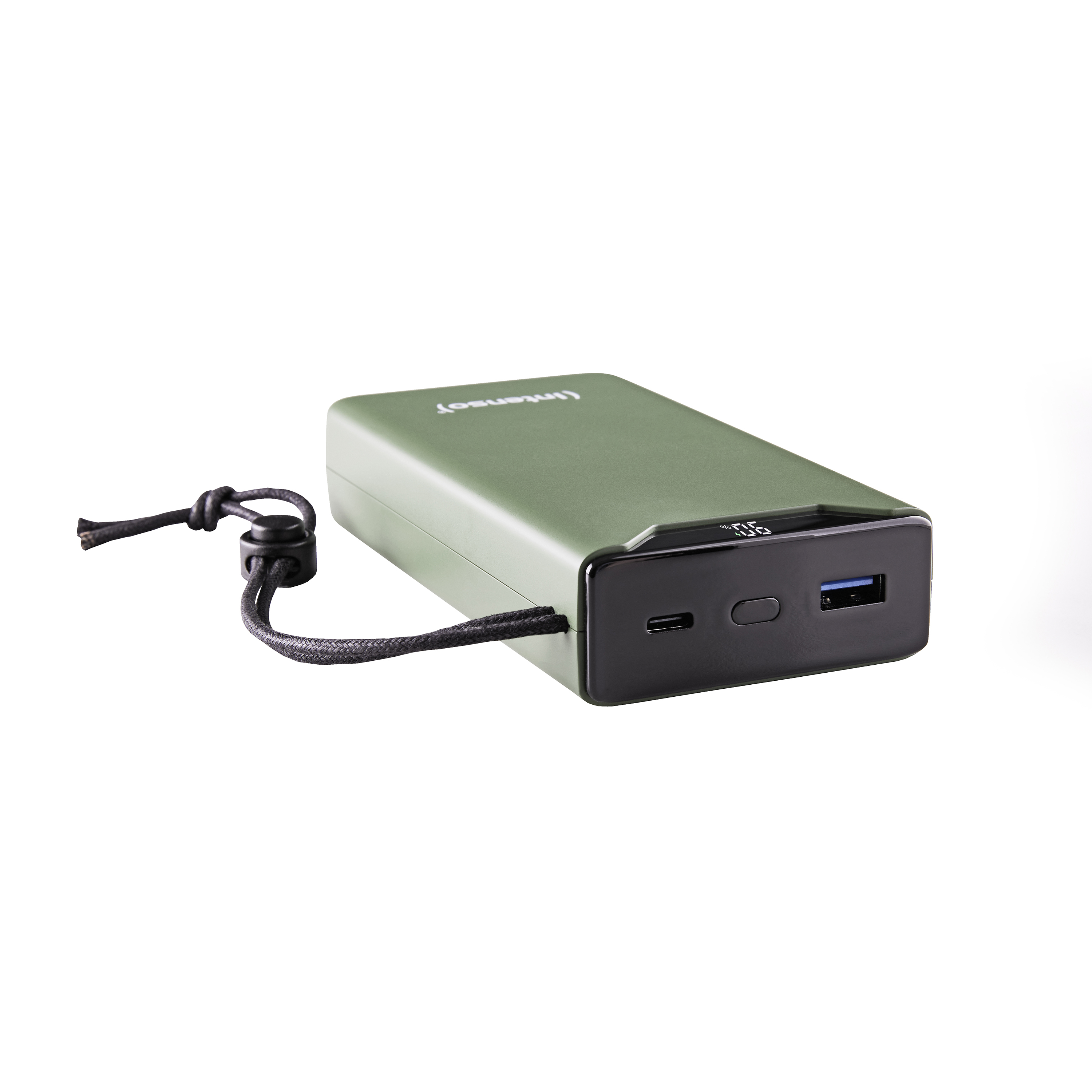 Un banco de energía verde oliva con un cordón negro y un puerto USB y USB-C. Está sobre un fondo blanco.