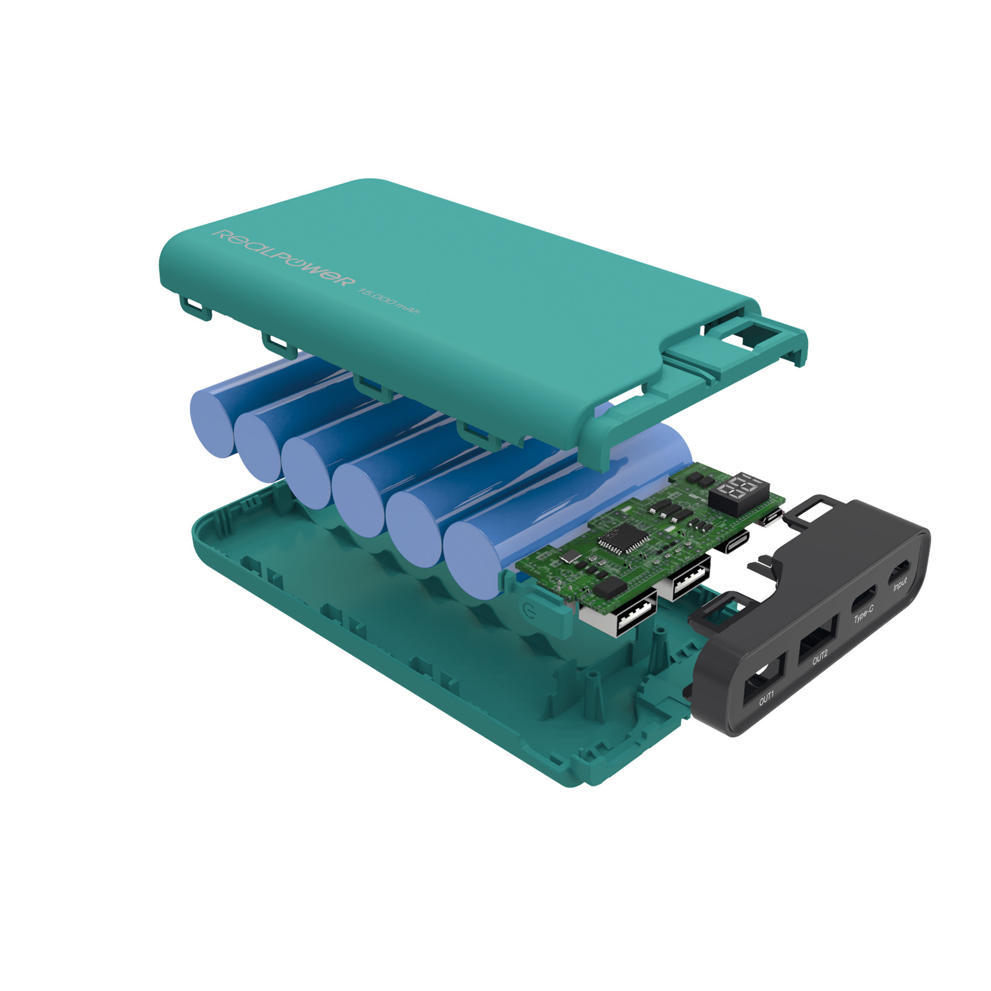 Eine türkisfarbene Powerbank zerlegt, die Batterien, Schaltkreise und einen schwarzen Anschluss zeigt.
