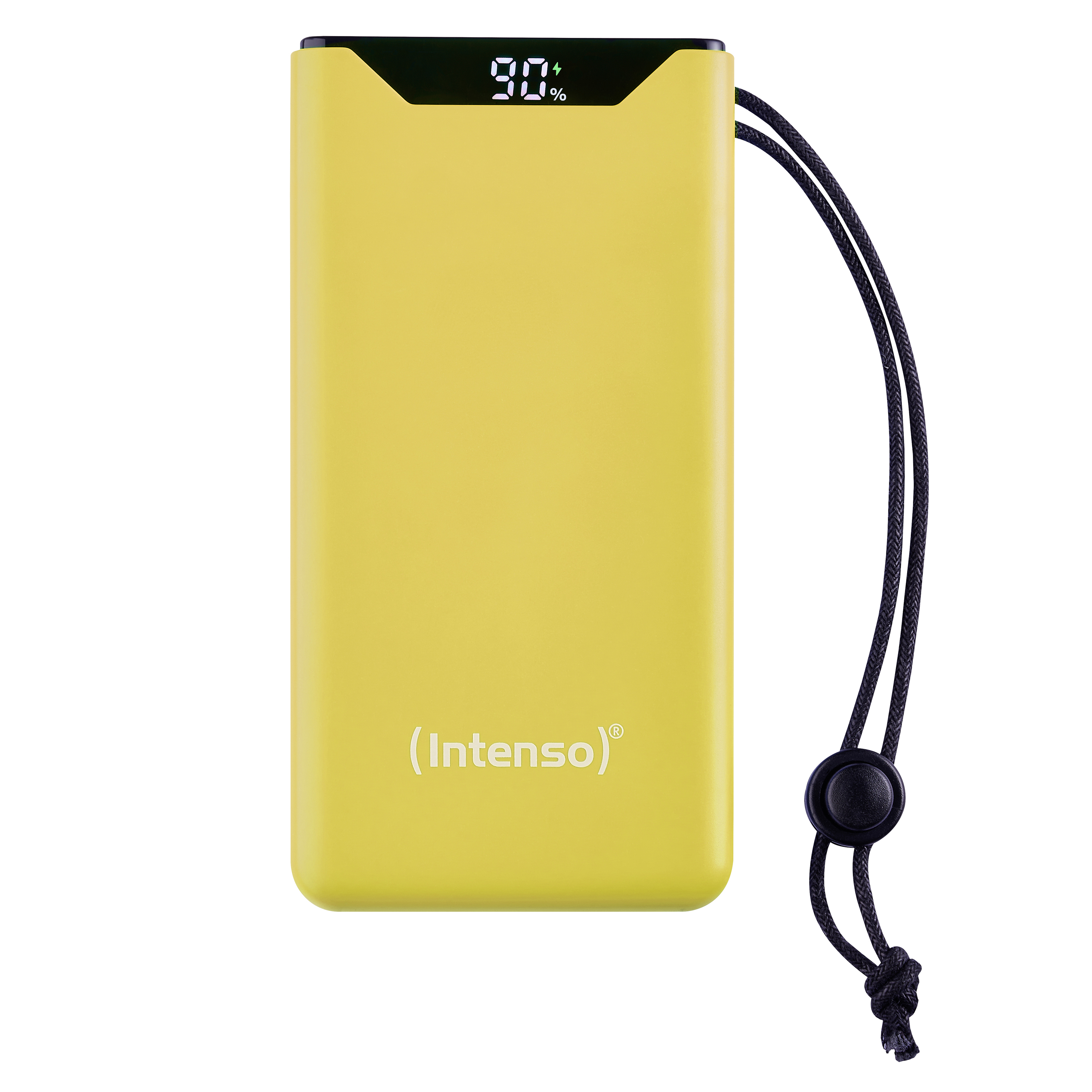 Batterie externe jaune avec affichage indiquant 90 % de charge et une lanière noire.