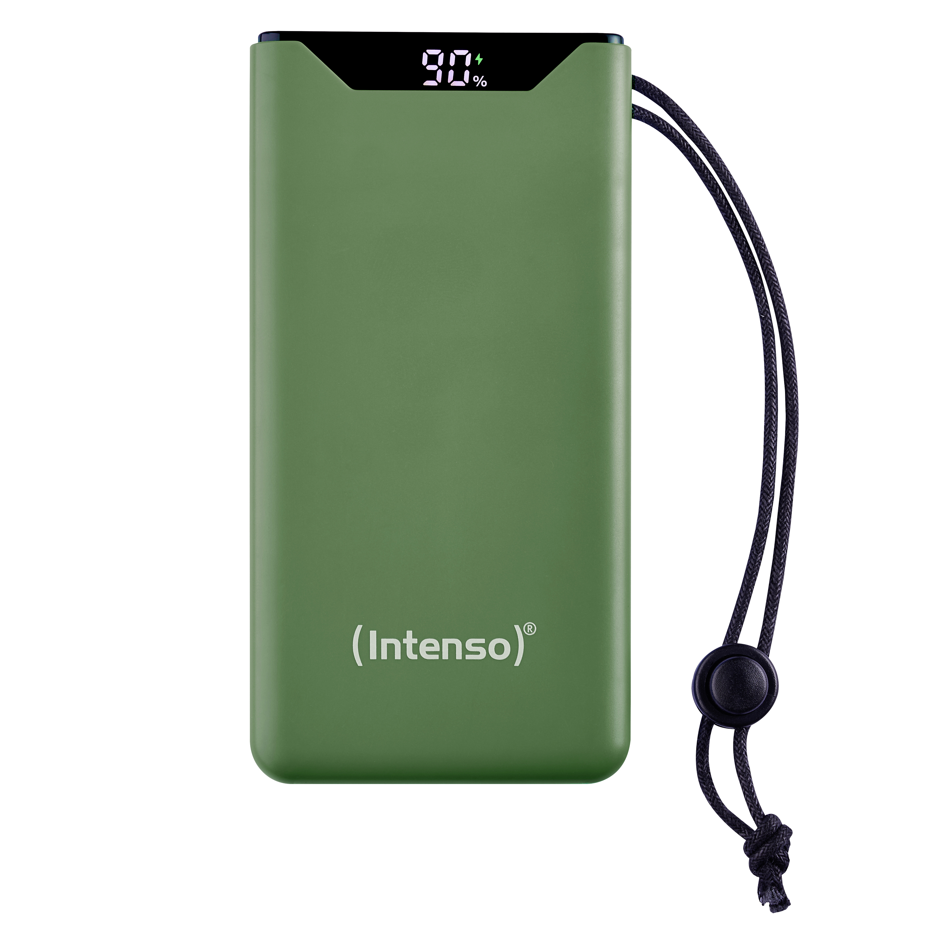 Batería externa verde oliva con cable negro y botón. La pantalla muestra un 90% de carga.