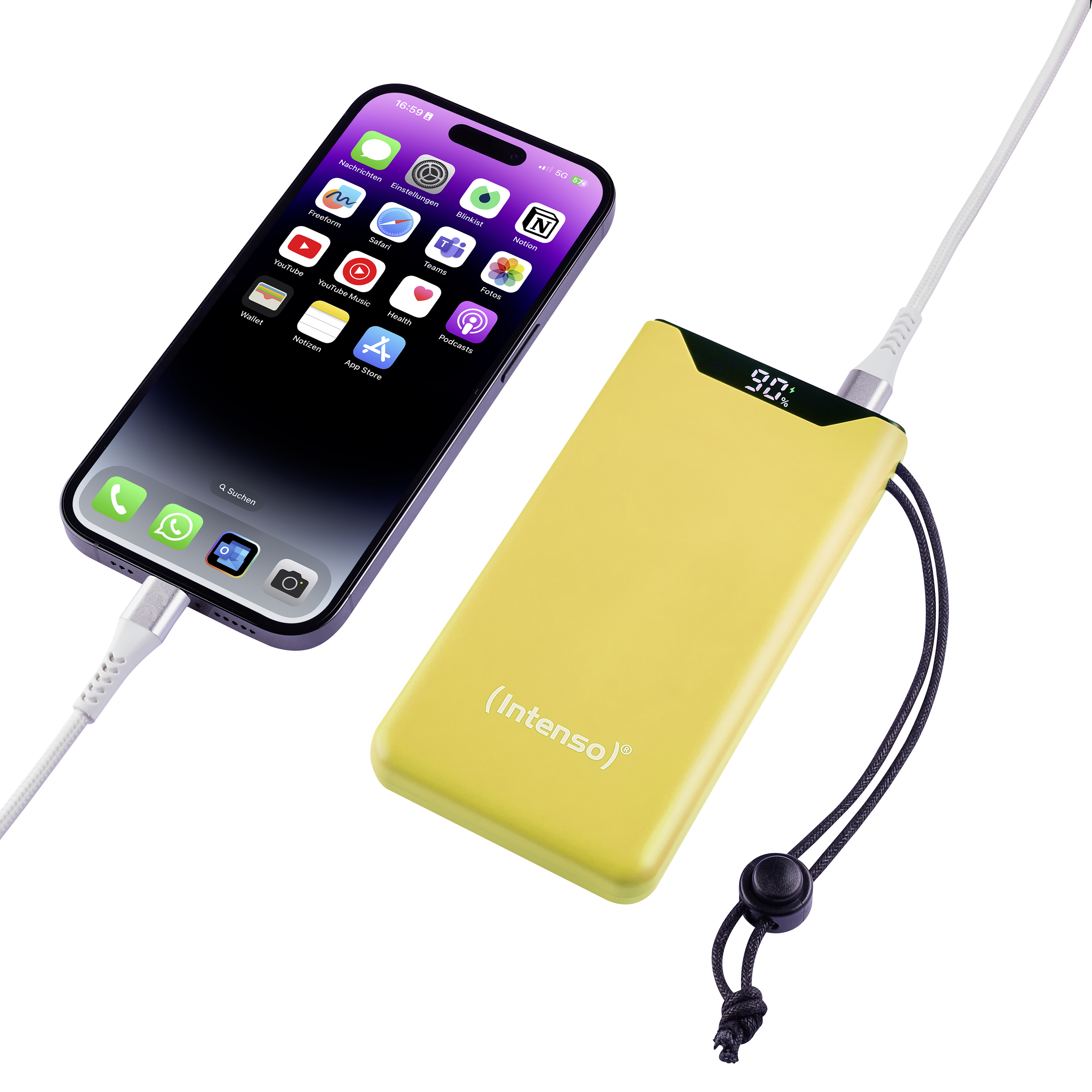 Batterie externe jaune chargeant un smartphone, avec un câble et un affichage du pourcentage de batterie.