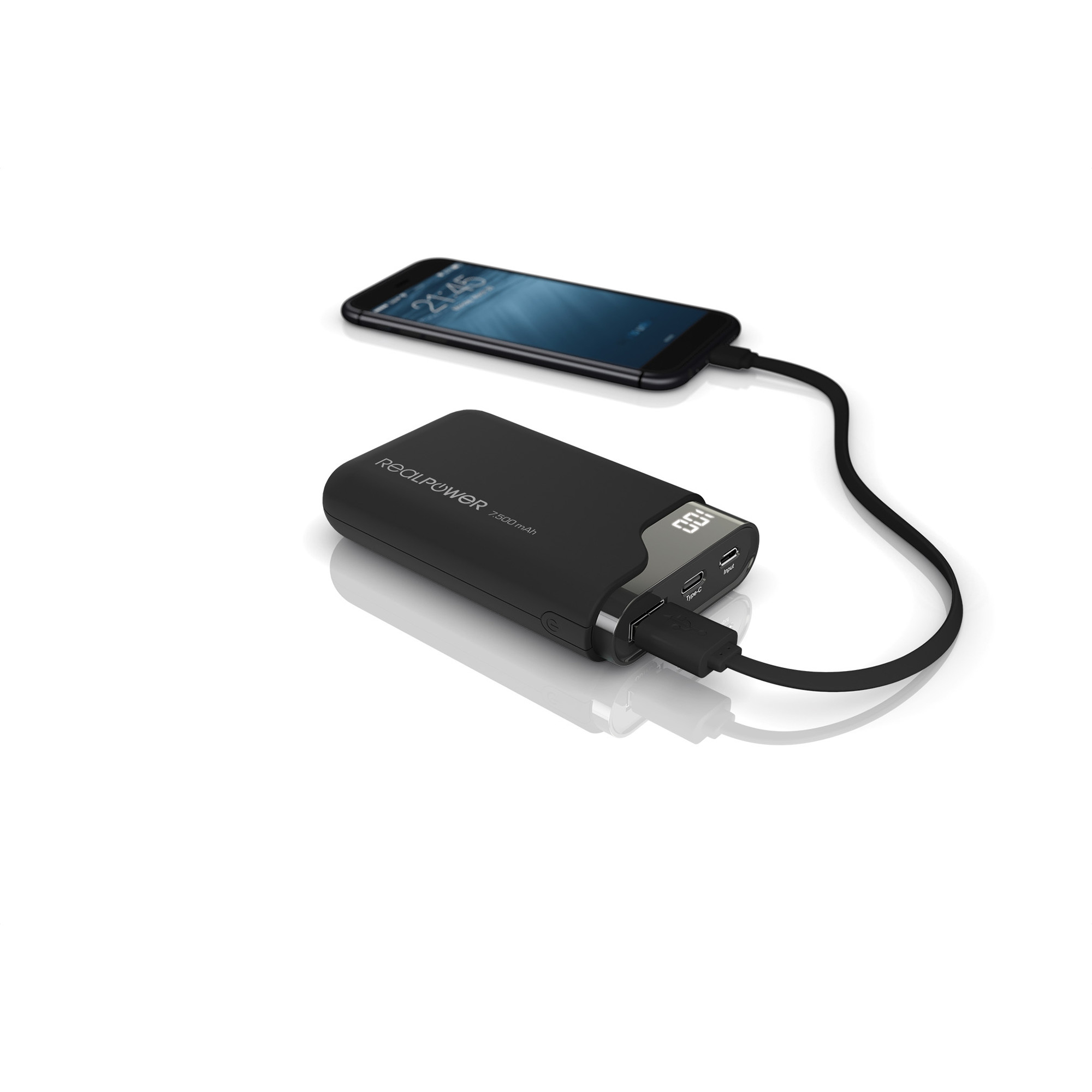 Un power bank nero che carica un telefono nero. Lo sfondo è bianco.