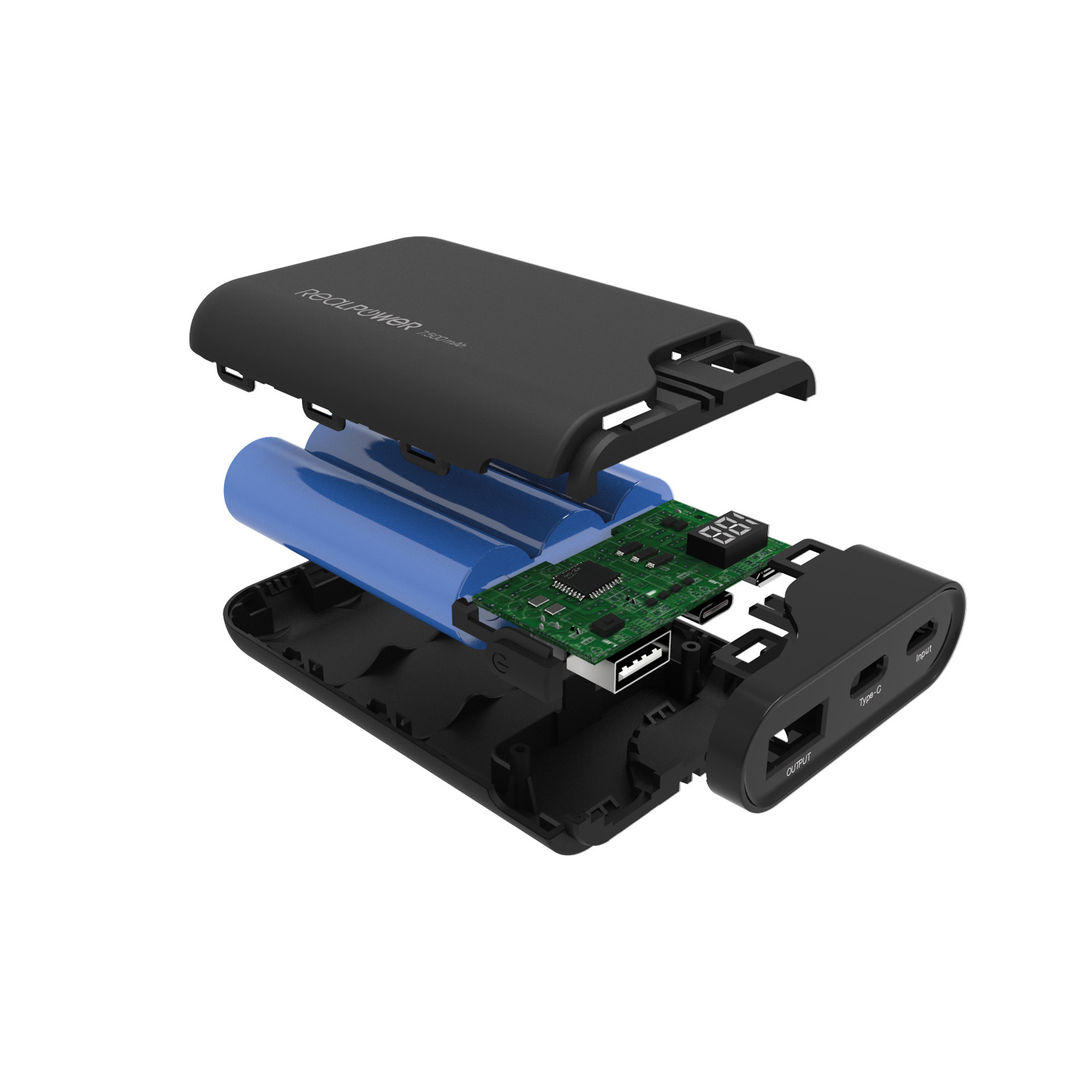 Vista esplosa di un power bank nero. Mostra la batteria, il circuito e le porte.