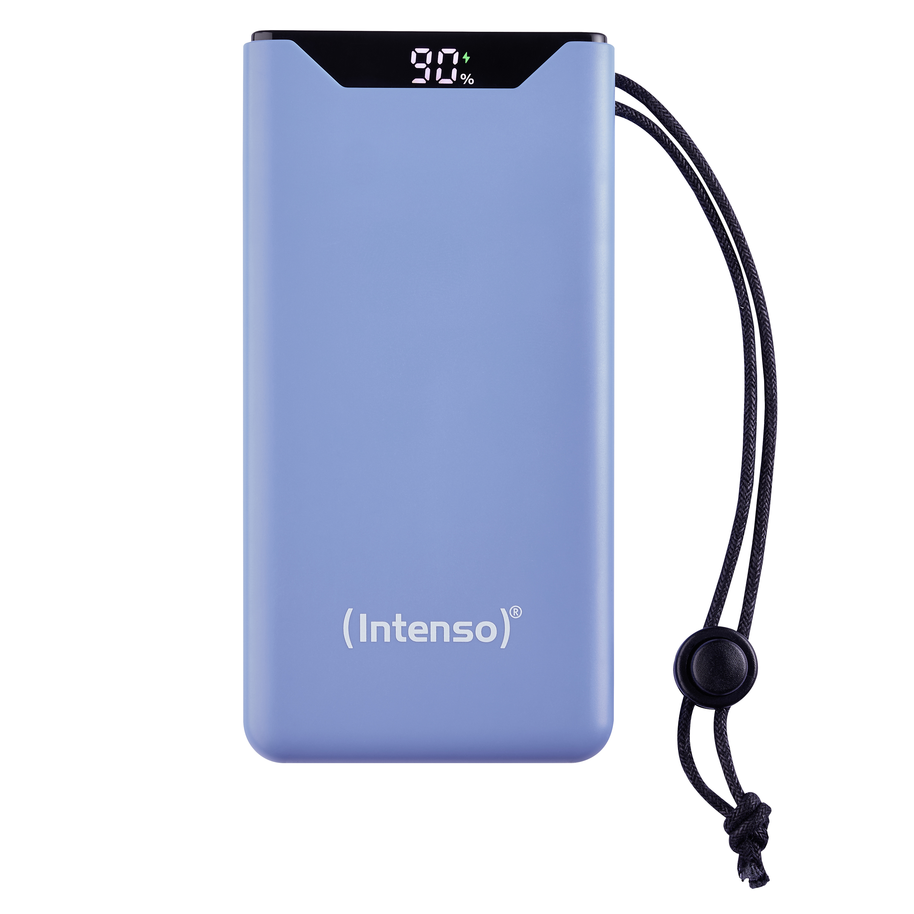 Een lichtblauwe powerbank met een display dat 90% aangeeft en een zwart koord.