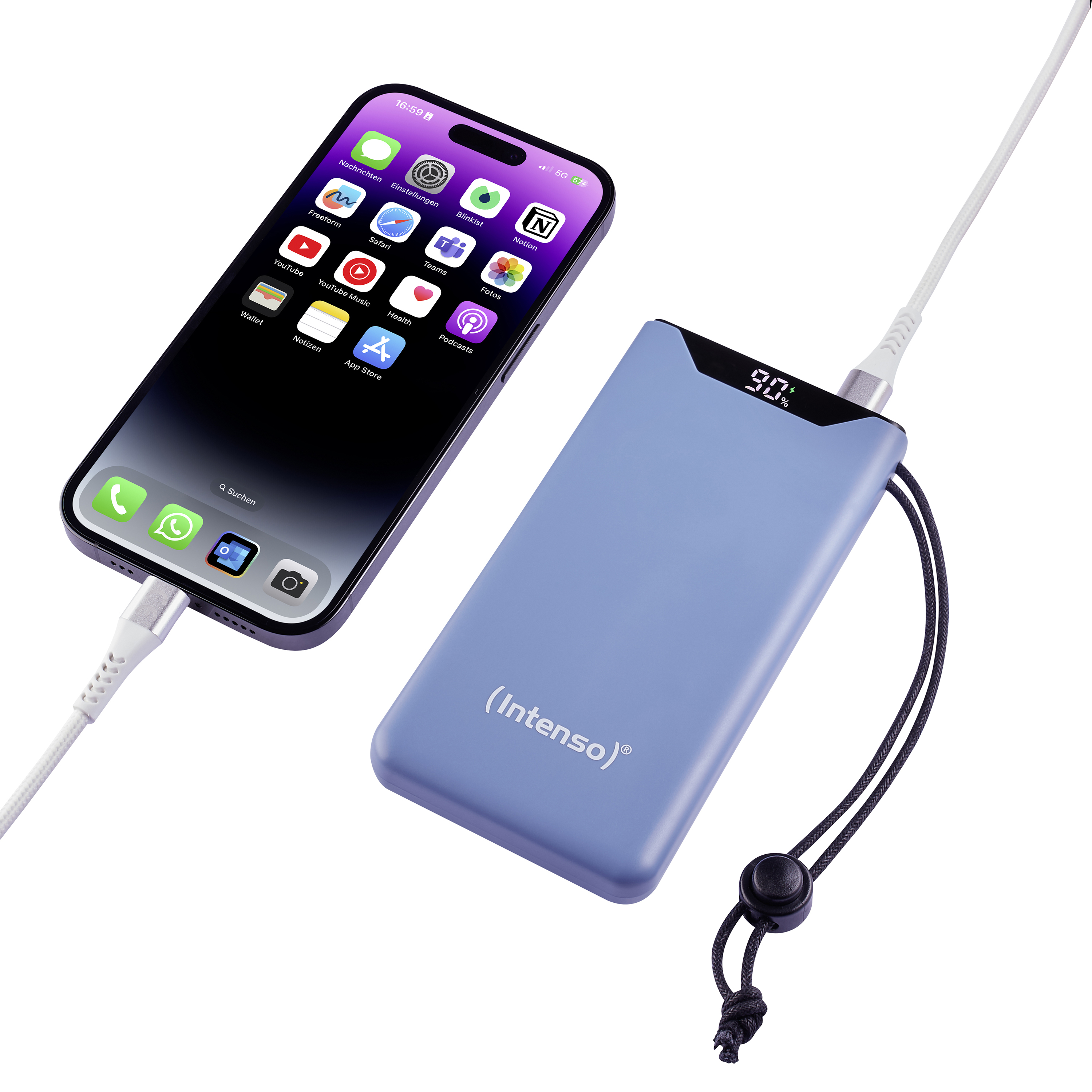 Smartphone wordt opgeladen met een powerbank. Telefoon toont app-iconen en powerbank toont 90% opgeladen.