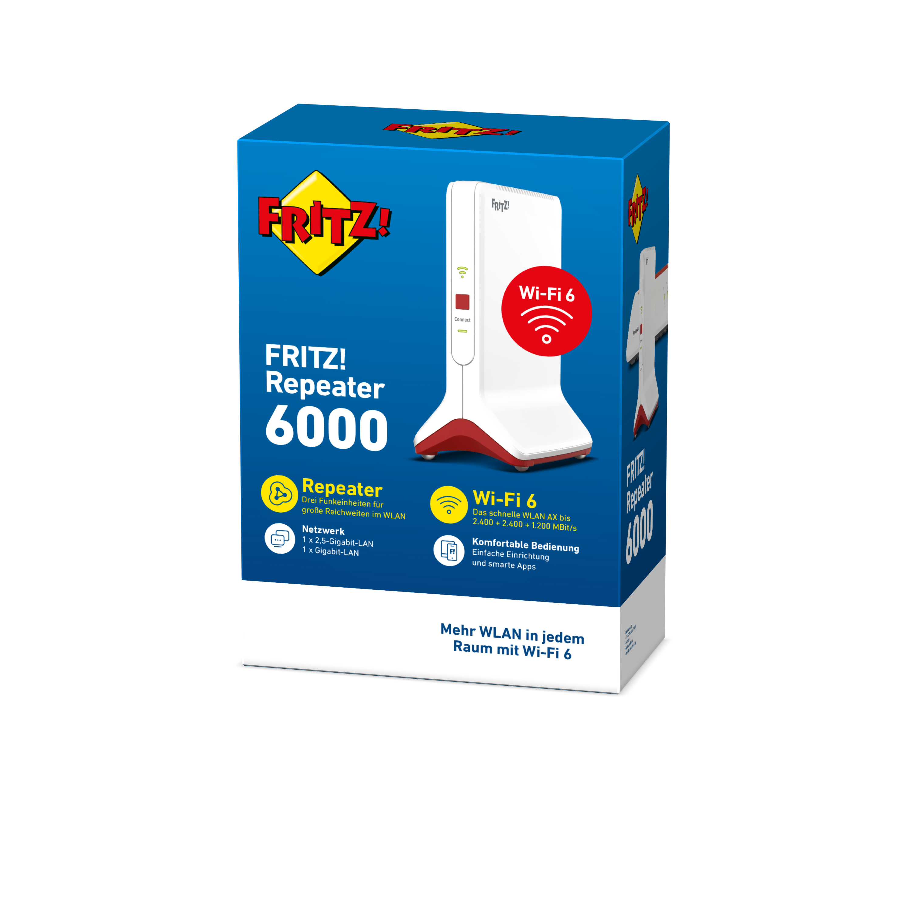 Niebiesko-białe pudełko z wzmacniaczem Wi-Fi i marką FRITZ! na nim.