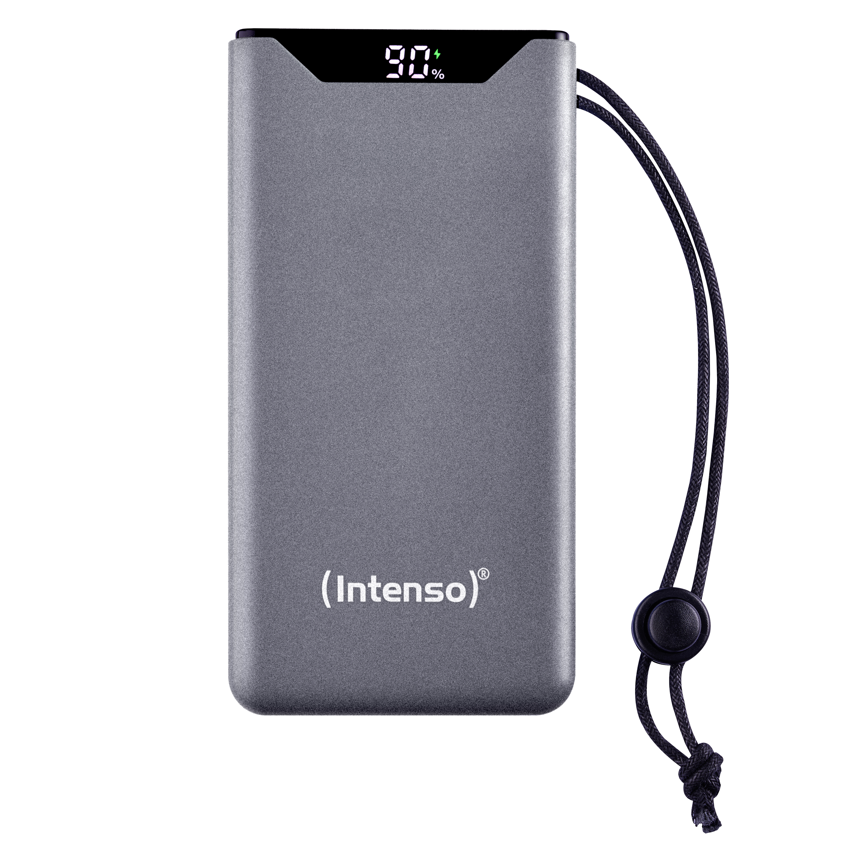 Een grijze powerbank met een display met 90%. Het heeft een zwarte band.