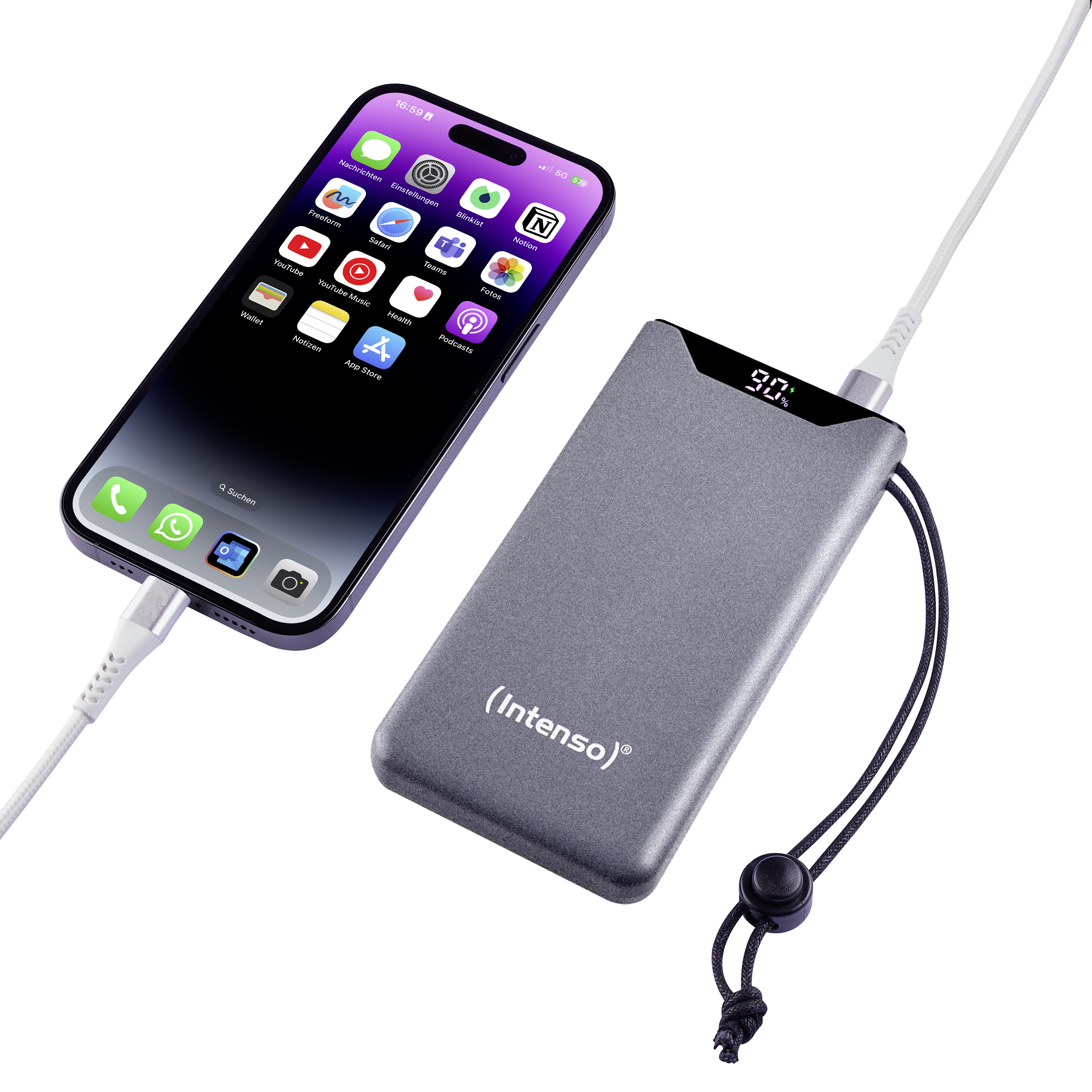 Telefoon oplaadend van grijze powerbank. Toont app-iconen. Powerbank toont 90%.