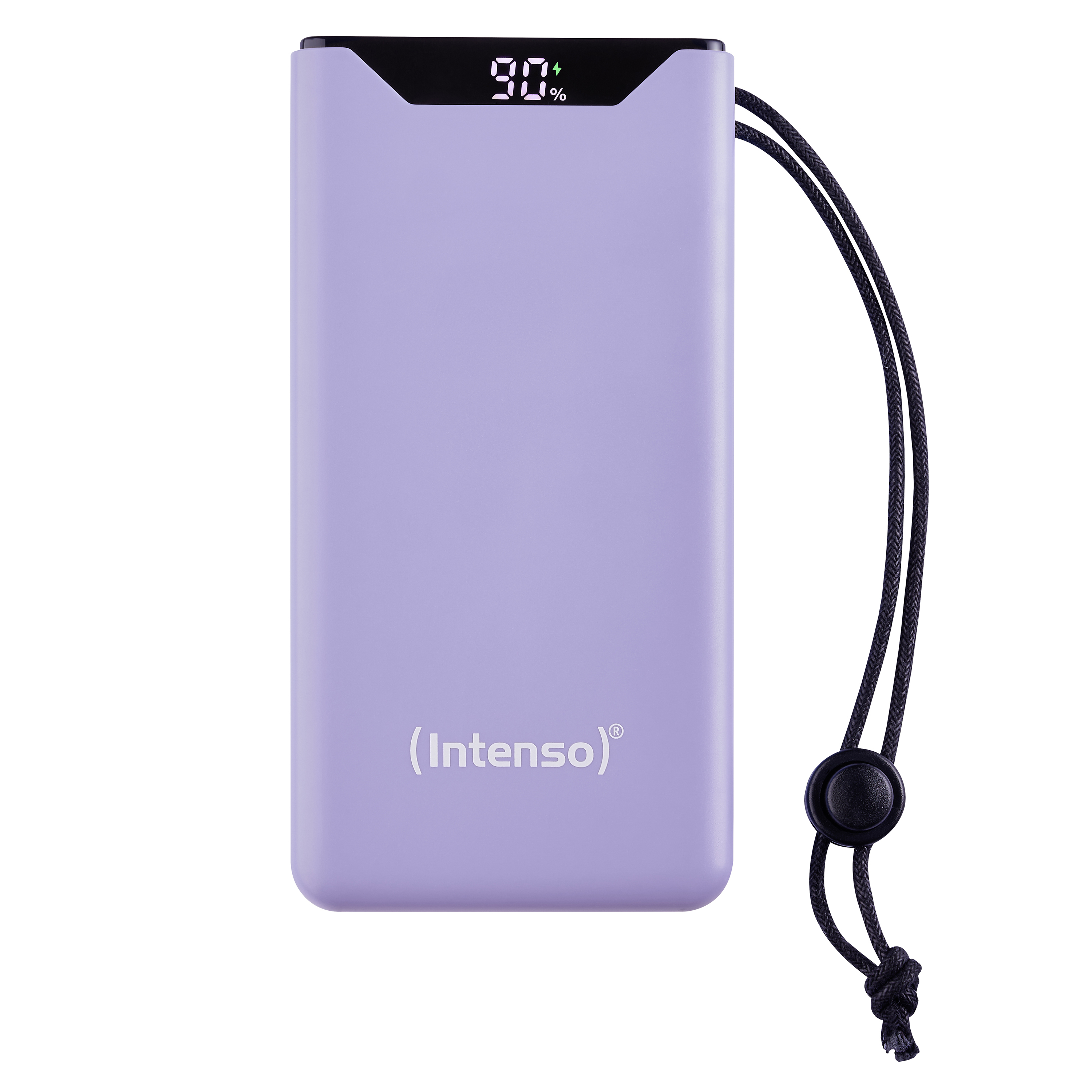 Een paarse (Intenso) powerbank met een digitaal display met 90% lading en een zwart snoer.