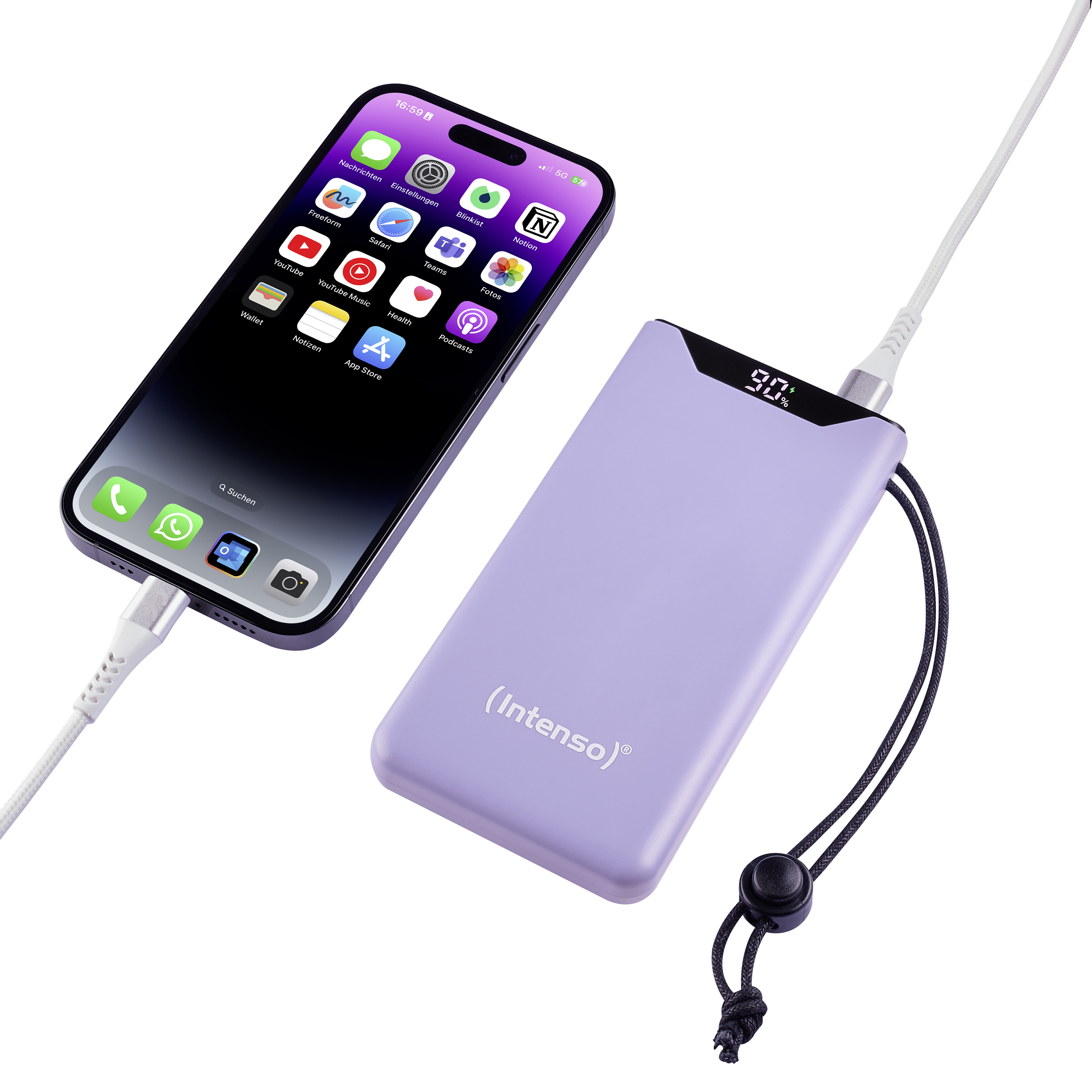 Een paarse powerbank die een telefoon oplaadt. De telefoon toont apps op het scherm.