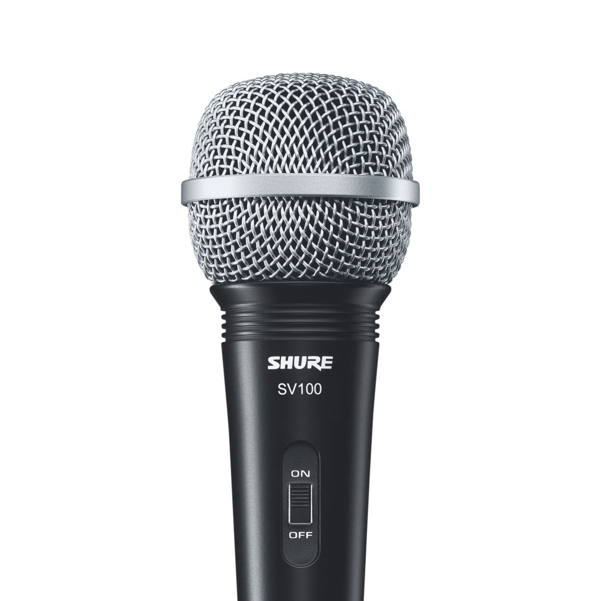 Un micrófono Shure SV100 negro con interruptor de encendido/apagado, aislado sobre fondo blanco.