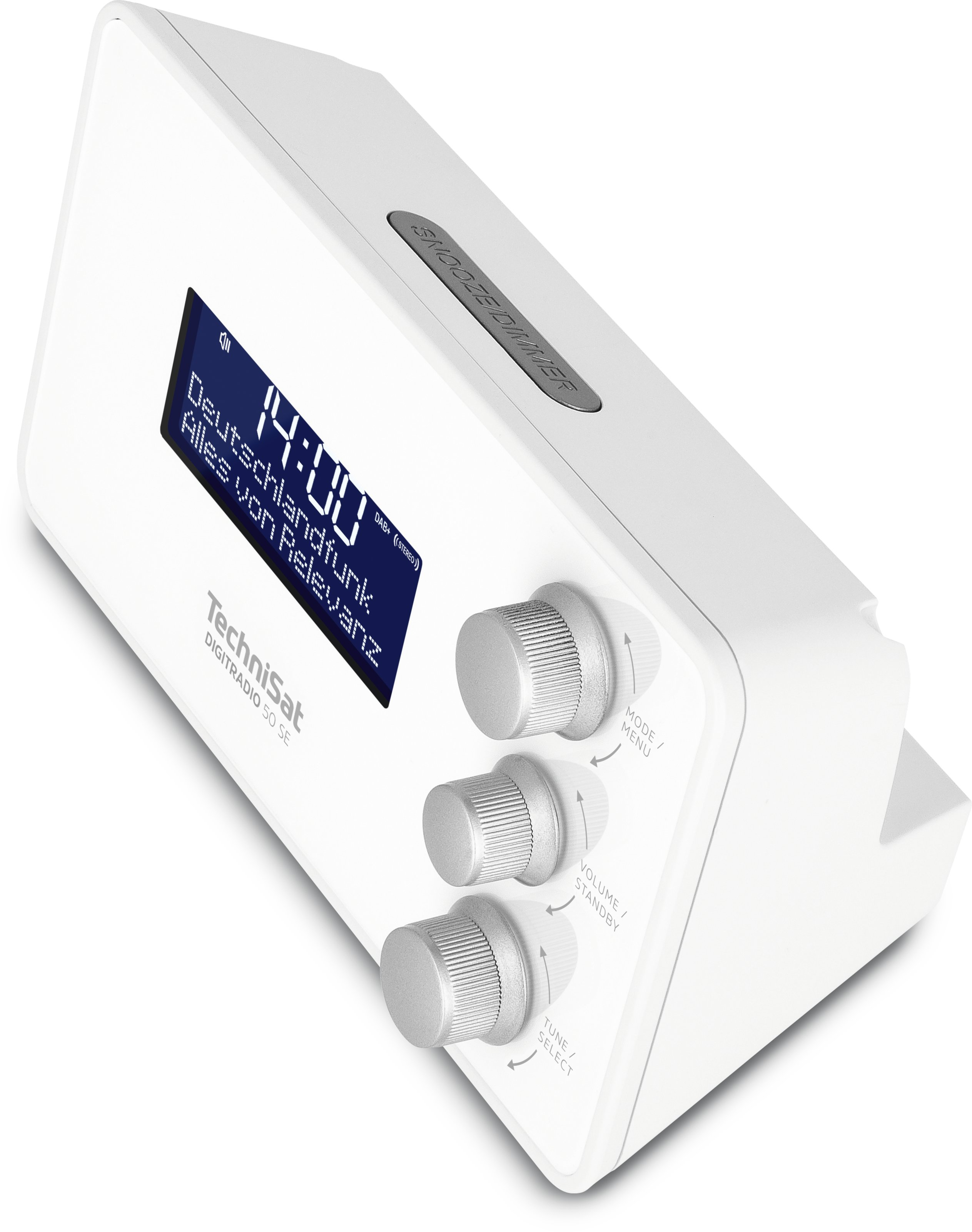 Een witte TechniSat-radio met een display dat de tijd en een radiozender toont, met knoppen en draaiknoppen.