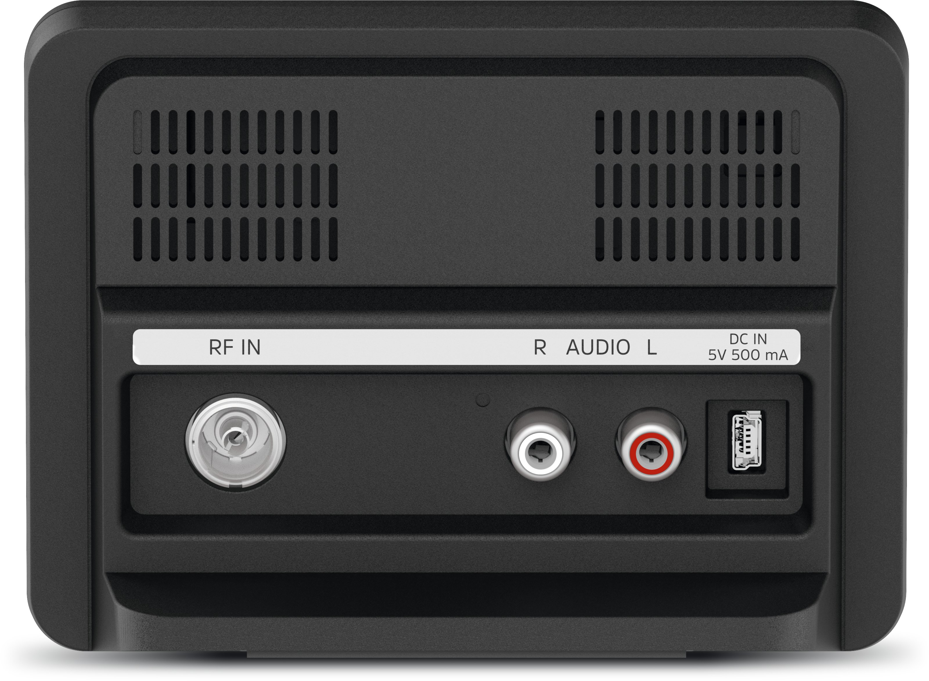 Zbliżenie na tył czarnego urządzenia z portami.