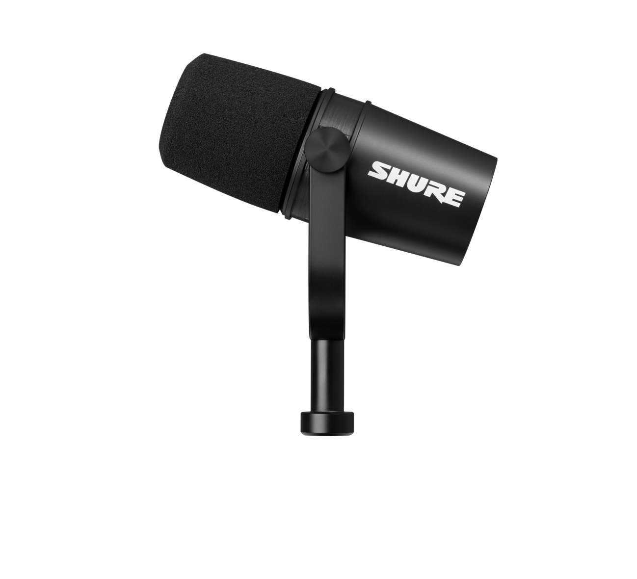 Czarny mikrofon Shure na statywie, pod kątem. Logo Shure z boku. Białe tło.