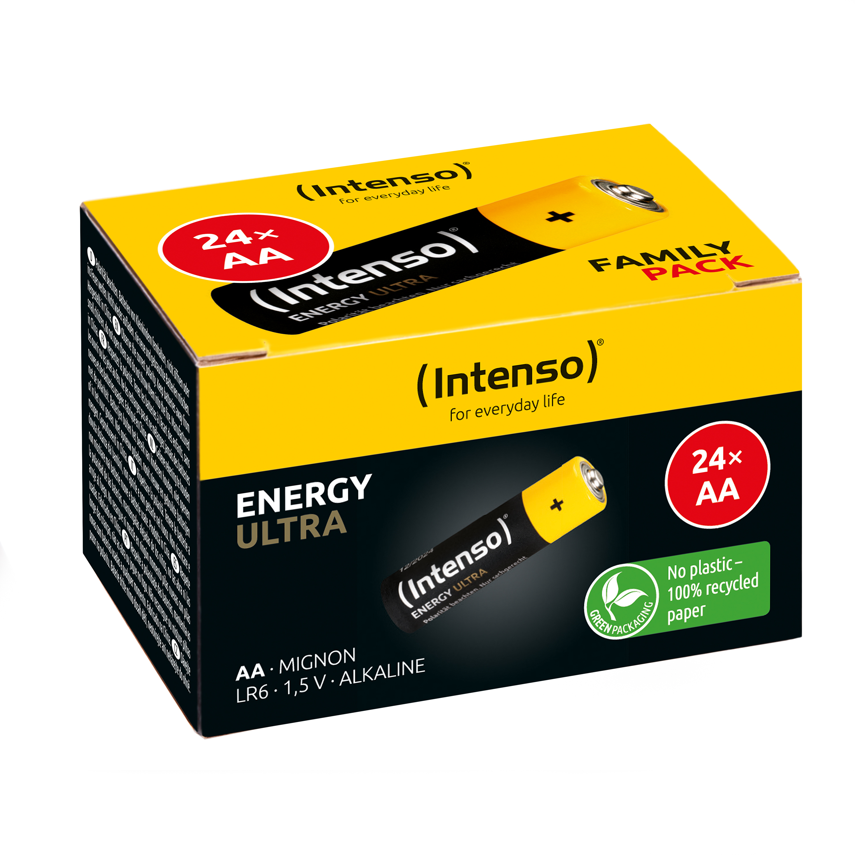 Schachtel mit AA-Batterien. Schwarz-gelbes Design. Text: Energy Ultra, Intenso, 24x AA, Family Pack.