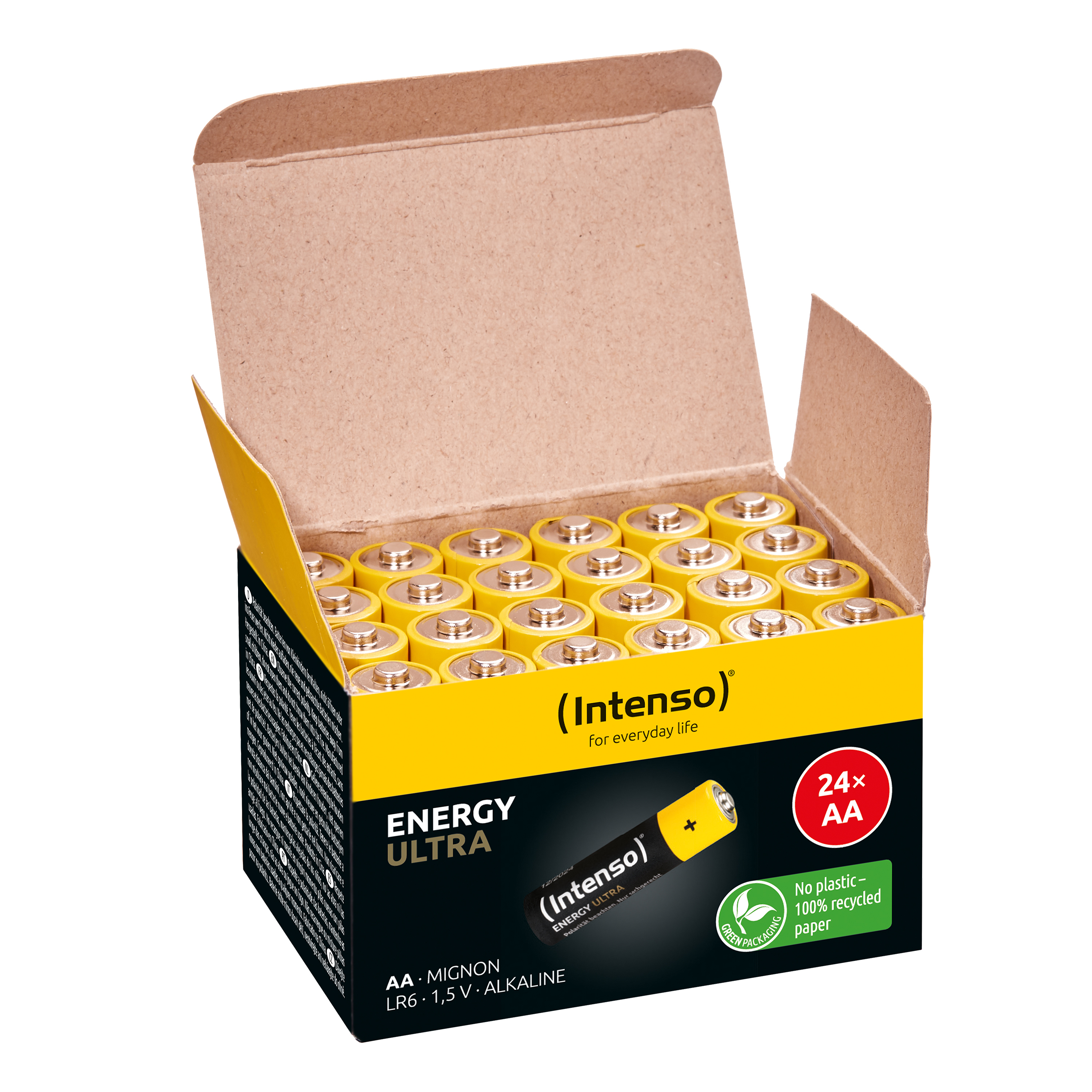 Schachtel mit Intenso AA-Batterien, mit Markennamen und Spezifikationen.