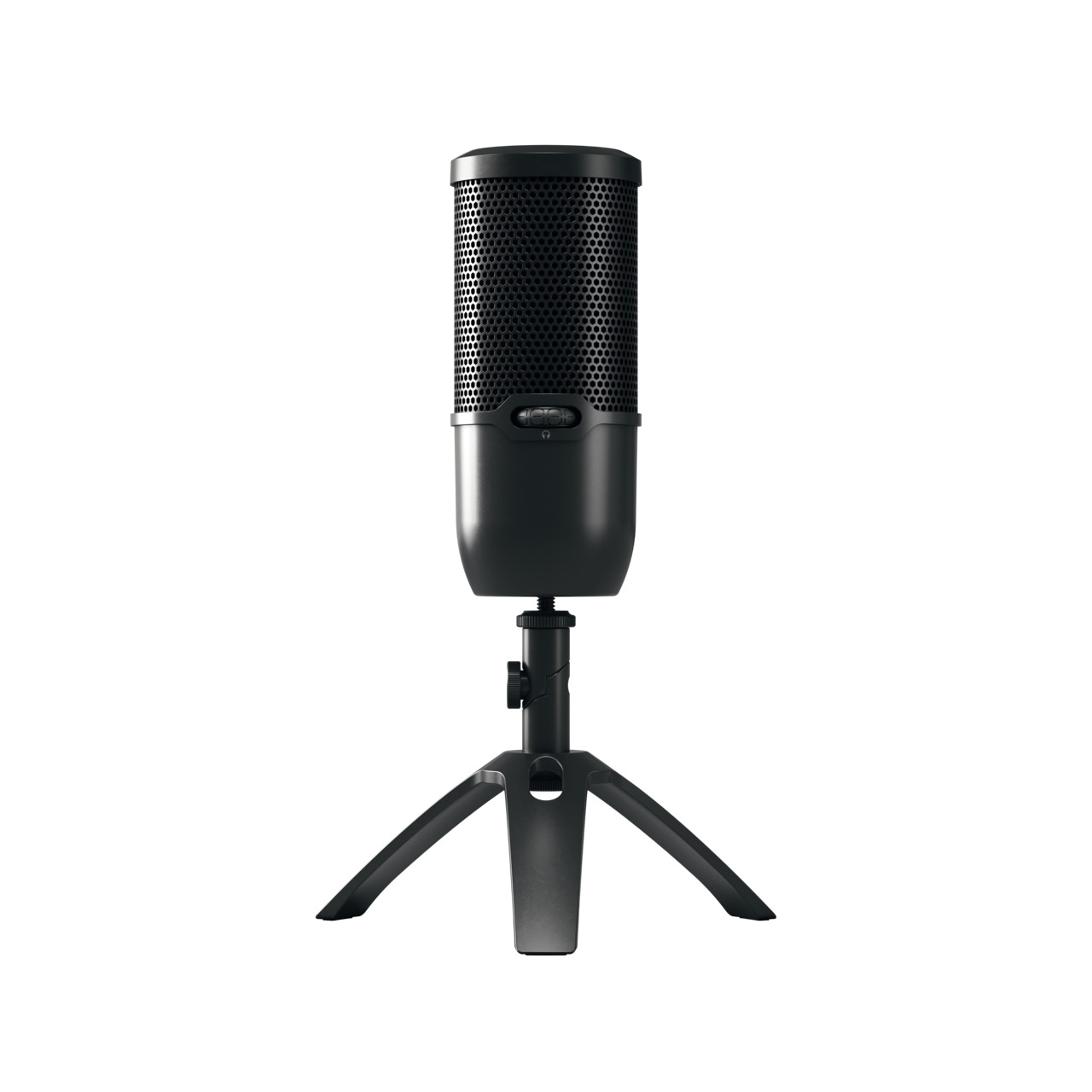 Een zwarte microfoon op een statief. Hij is lang en cilindrisch en heeft een zwart popfilter.