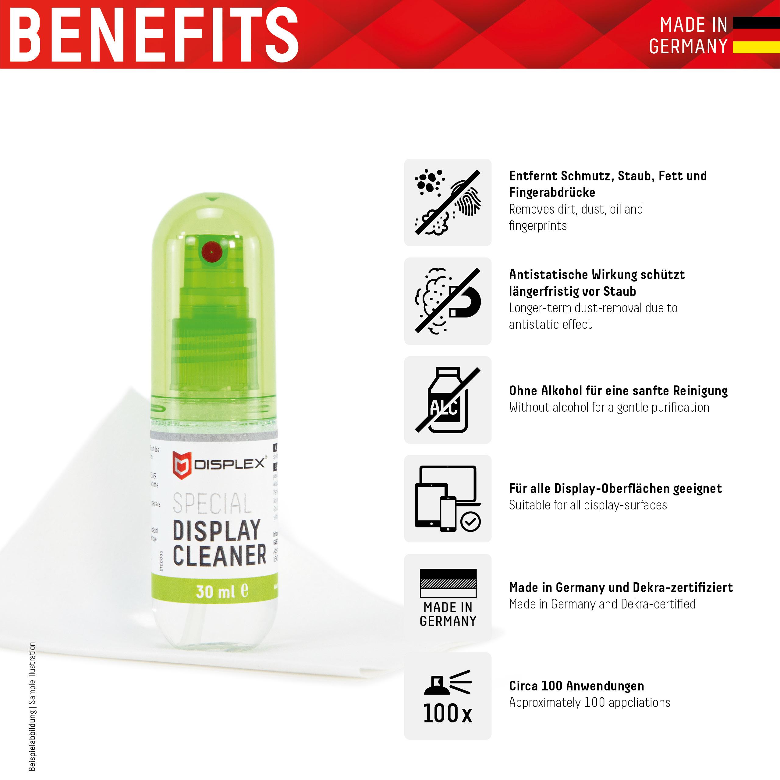 Sprühflasche mit grüner Flüssigkeit. Text: Special Display Cleaner 30 ml e.