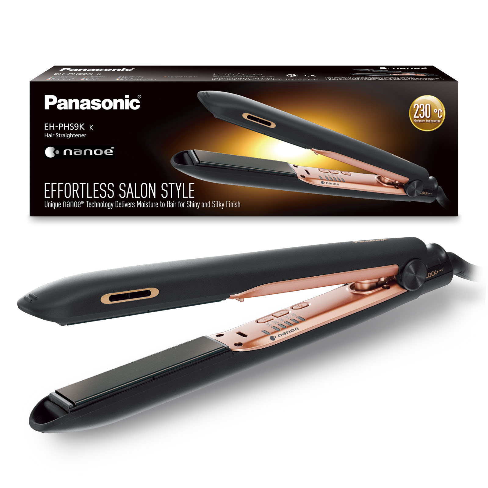 Haarstijltang met zwarte behuizing en roségouden platen, met verpakking.