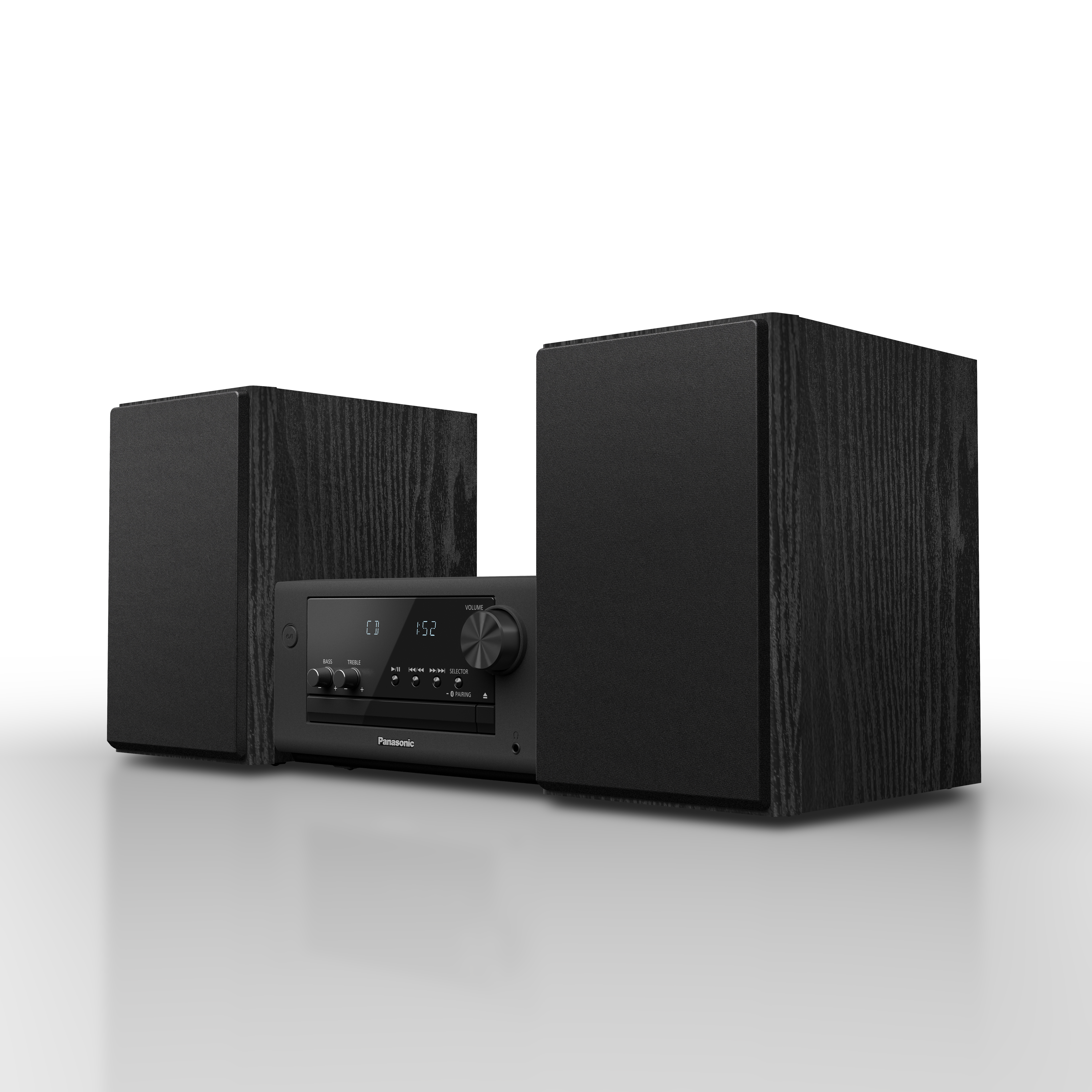 Schwarzes Panasonic-Stereosystem mit zwei Lautsprechern, weißer Hintergrund.