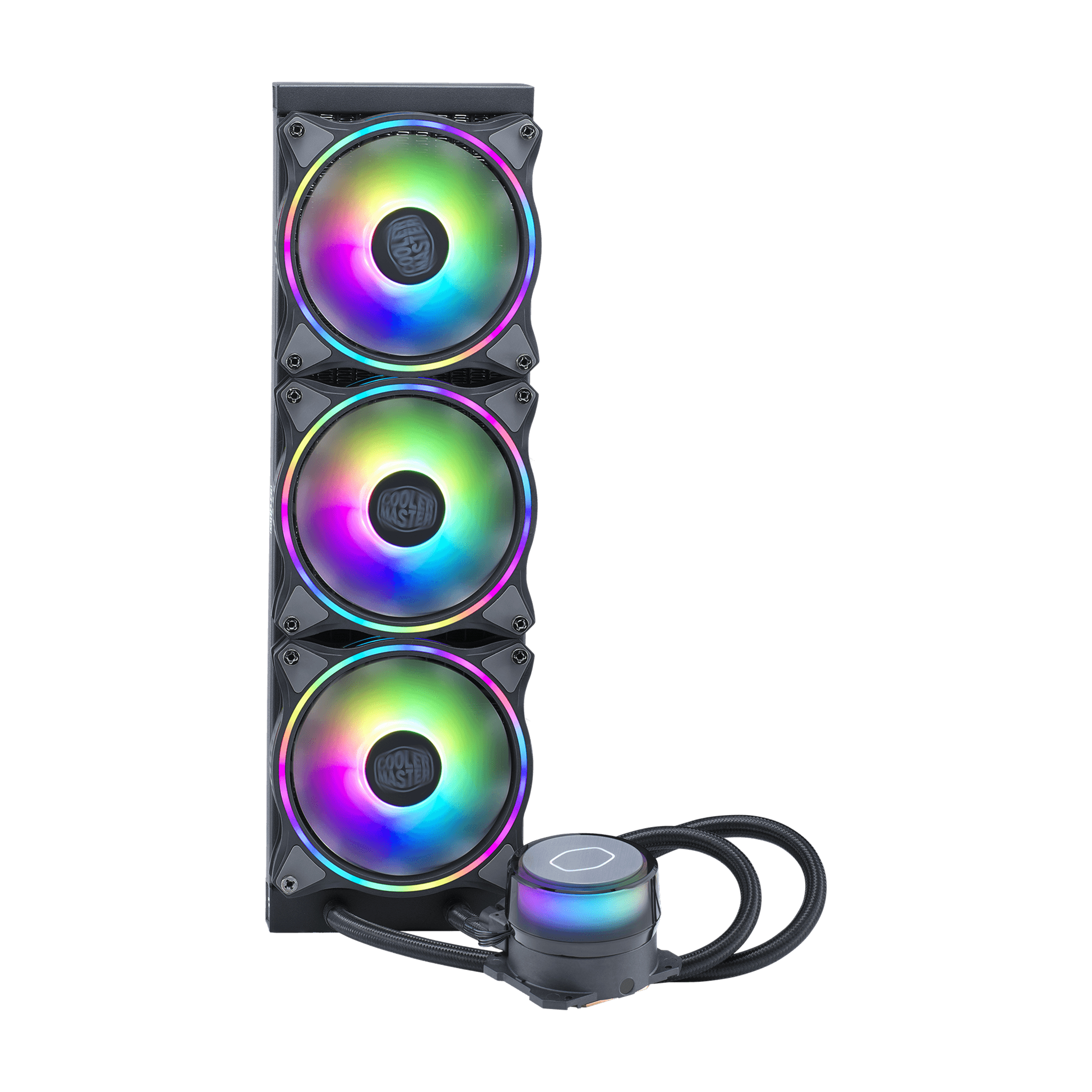 Un dissipatore a liquido per computer con tre ventole con luci RGB e una pompa circolare.