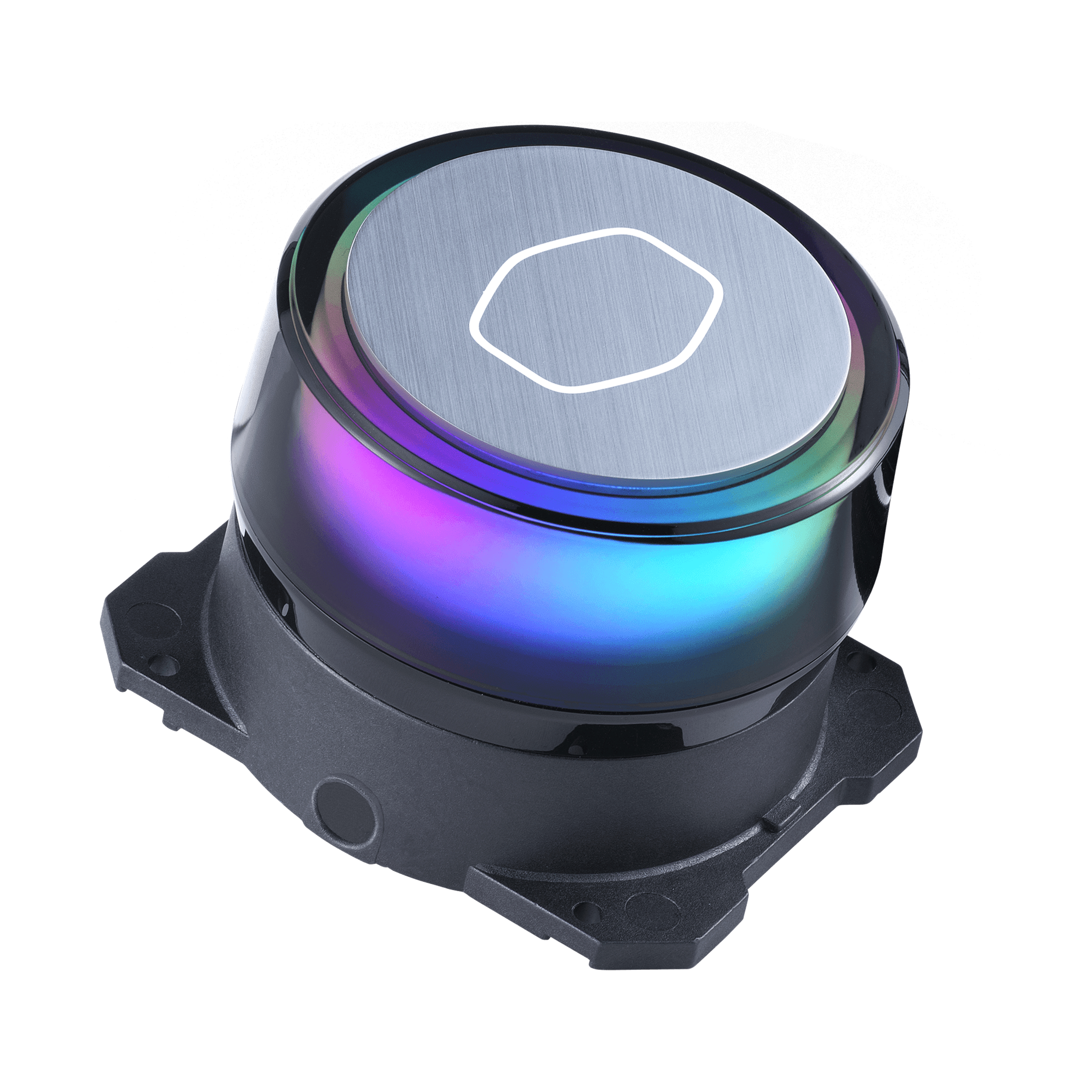Dissipatore CPU nero e argento con anello luminoso multicolore. Sfondo bianco.
