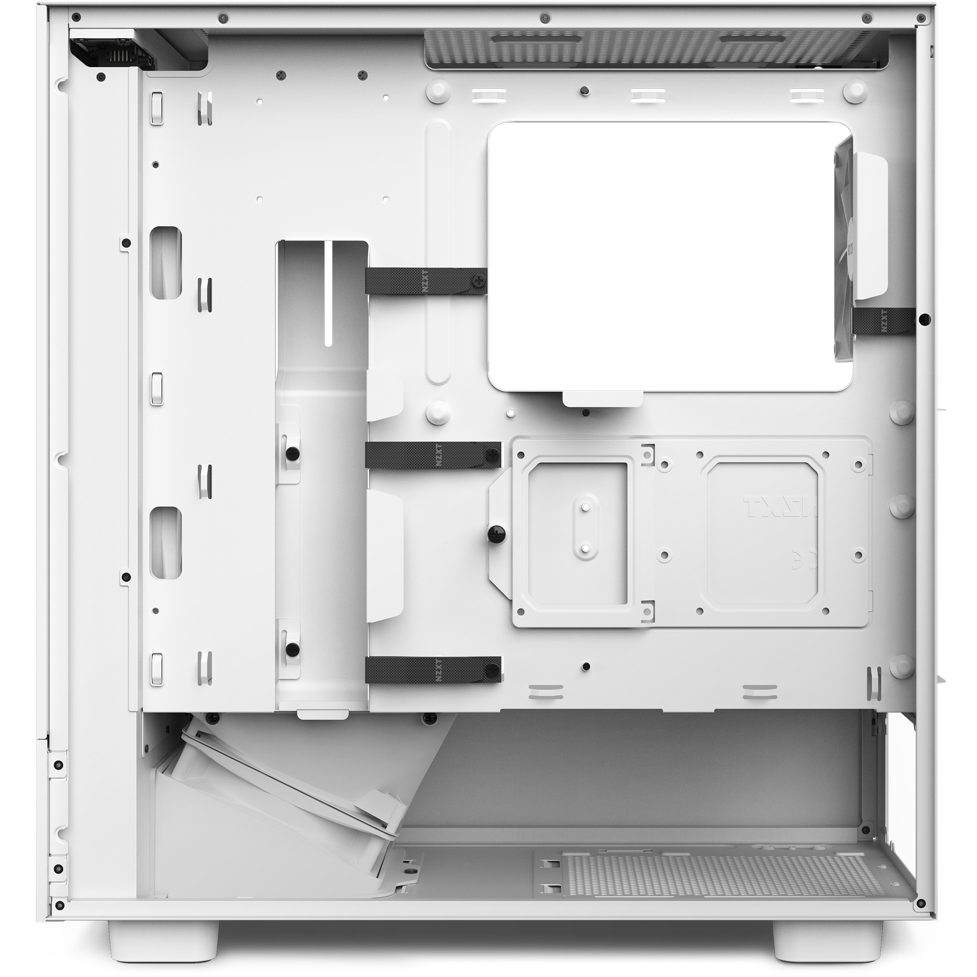 Weißes Computergehäuse innen. Mit Befestigungspunkten für Komponenten. Klares und minimalistisches Design.