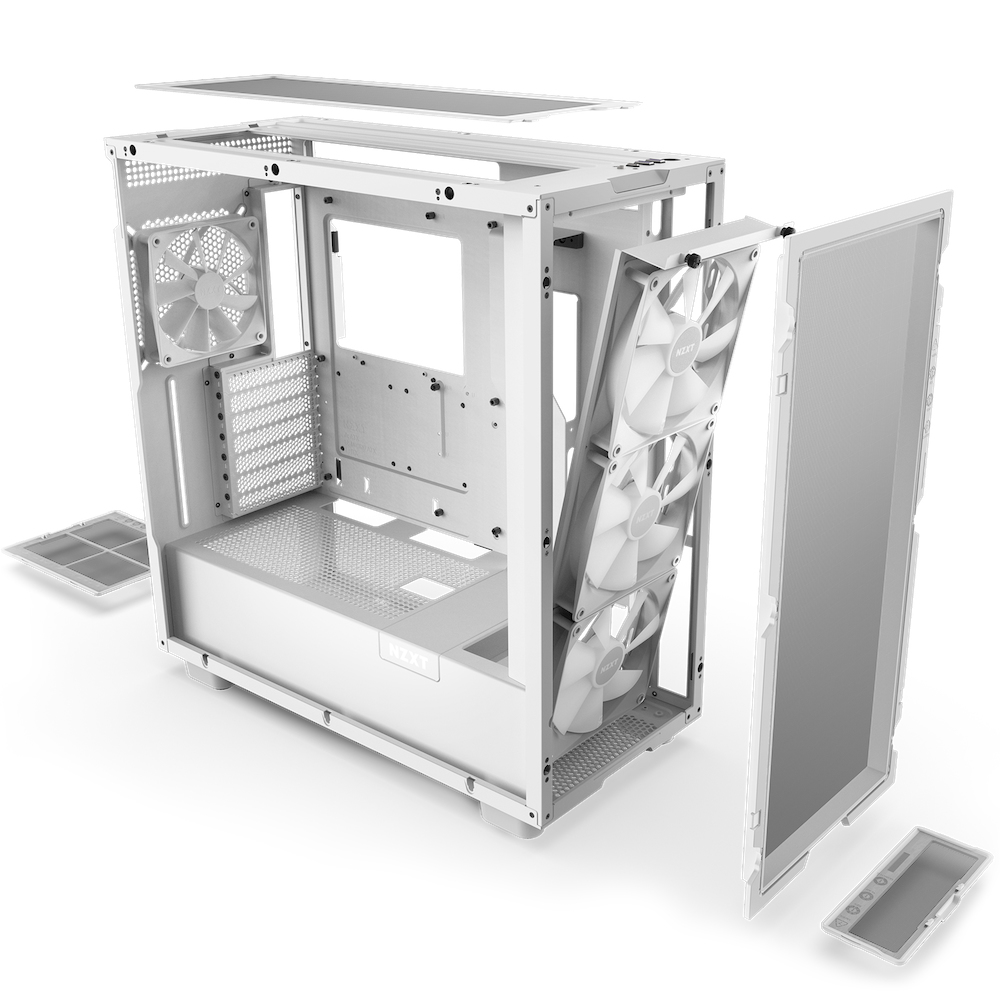 Vista explosionada de una caja de ordenador blanca. Paneles y ventiladores extraíbles. Diseño modular y fácil.